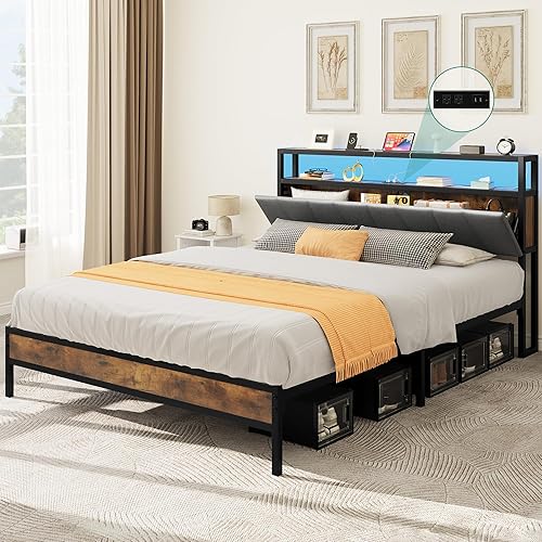 YITAHOME Base de cama tamaño Queen, plataforma LED con cabecera de almacenamiento, cama tapizada con estación de carga, no necesita somier, fácil