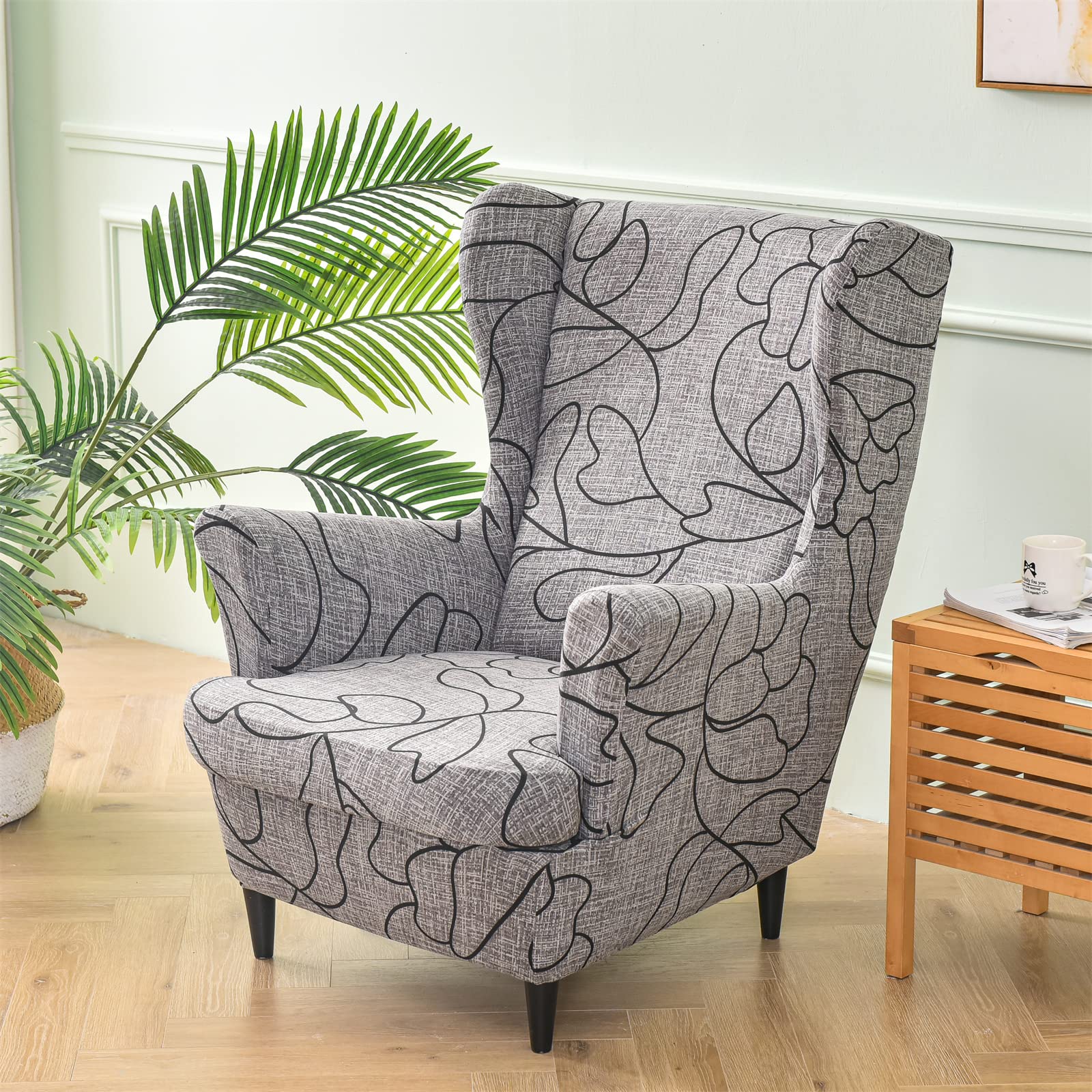 Xiao Ren Wingback Chair Covers 2 Piece Floral Stretch Wing Chair Slipcover, Spandex Sofa Armchair Chair Slipcover Furniture Protector for Living Room Bedroom (Gray Abstract)