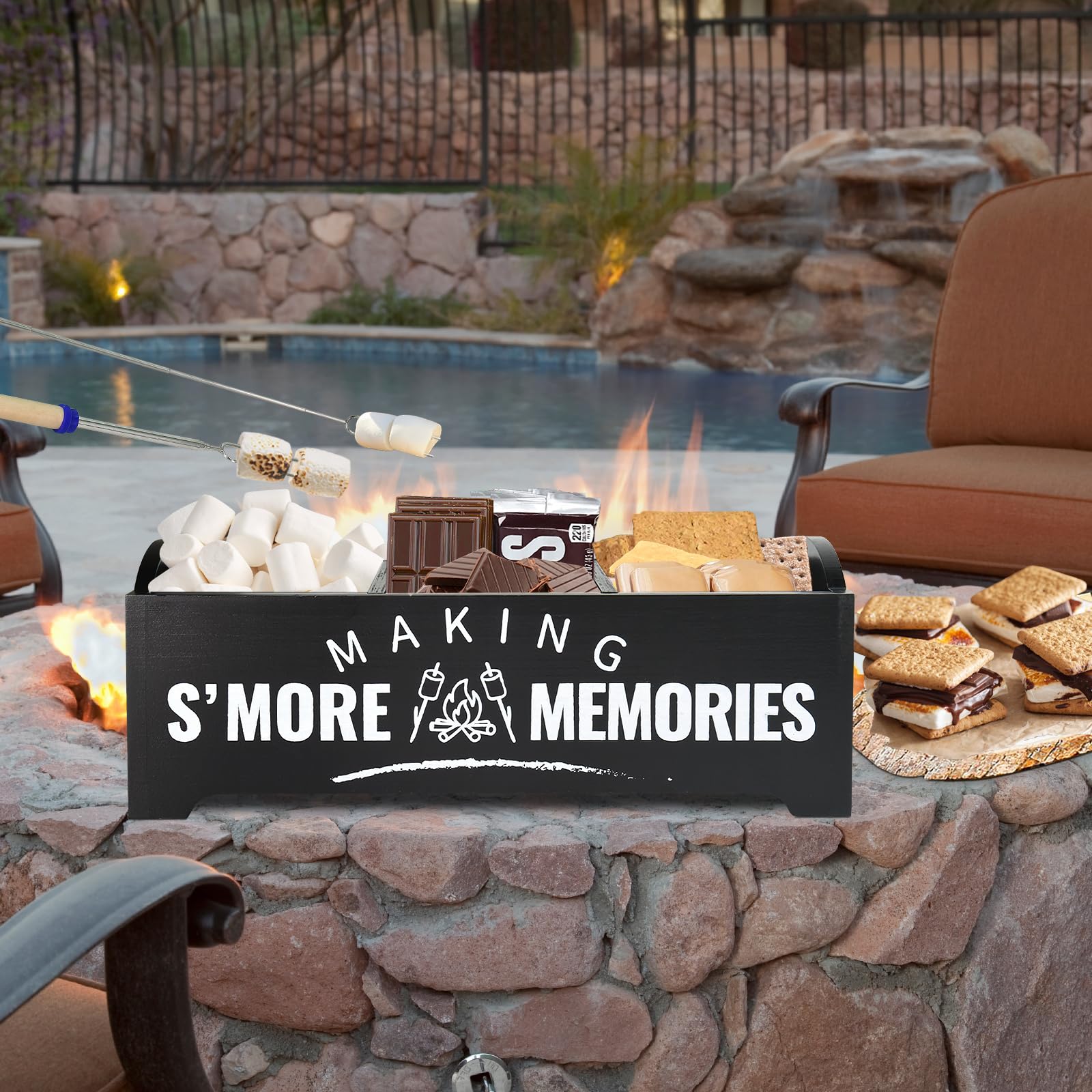 Cajas decorativas para Smores Caddy, estación de madera S'Mores con asas, kit de Smores negros para caja para hacer smores de hoguera