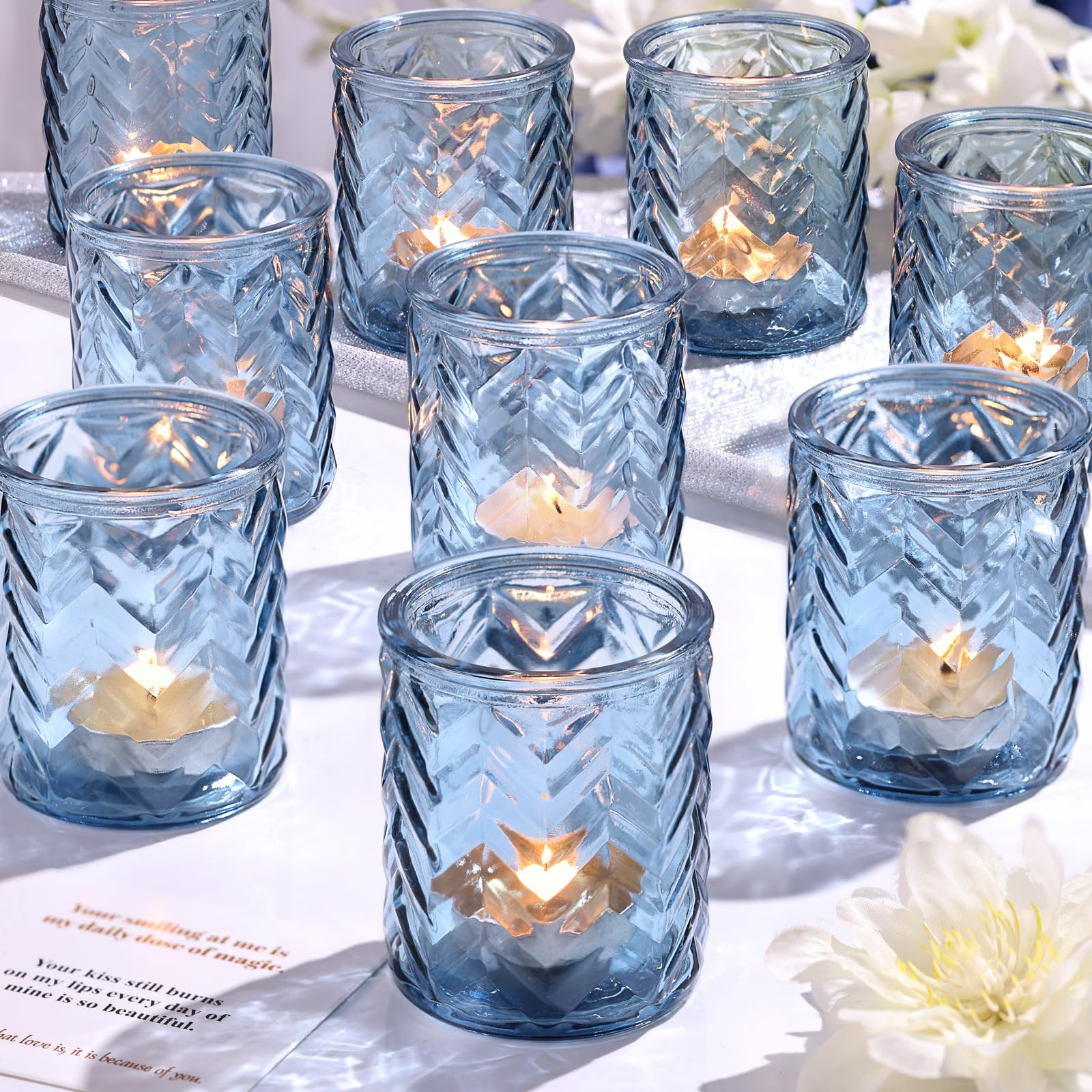 LAMORGIFT 12 PCS Blue Tealight Holders - Blue Votive Candle Holders for Wedding Party Decorations - Bulk for Wedding Reception, Bridal Shower, Baby Shower Party Decor