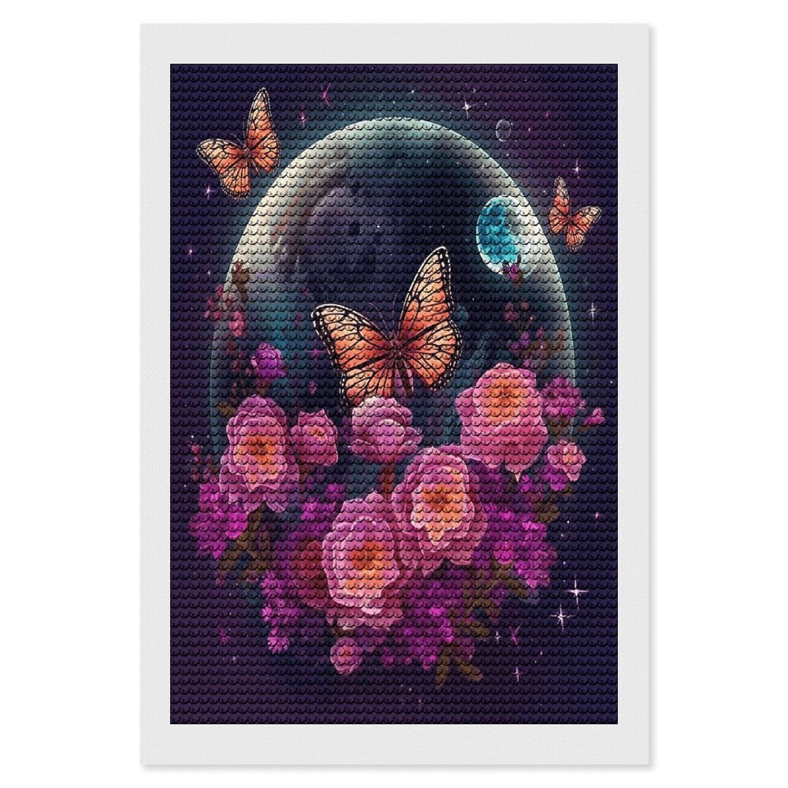 Moon Flowers and Butterflies Diamond Art Kits for Adult Round Full Drill Diamond Dots Paintings for Beginner Picture Art DIY Diamond Painting Kits 5D Diamond Art Painting for Home Wall Decor 8"x12"