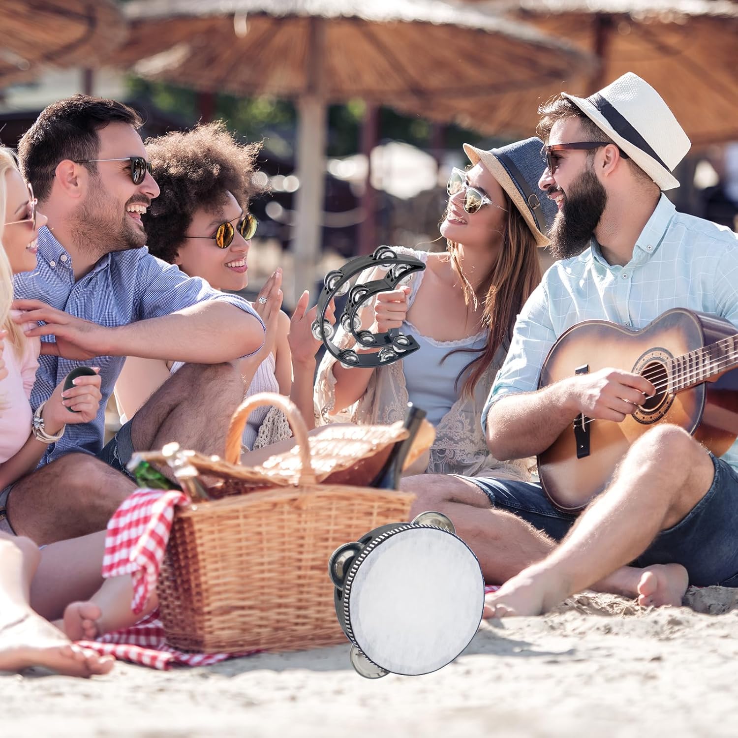 10 Pcs Tambourines for Adults, Metal Jingles Hand Musical Held Percussion Set Half Moon Tambourine Foot Tambourine Sand Hammer Wood Rhythm Sticks Egg Shakers for Music Party Supplies(Black)