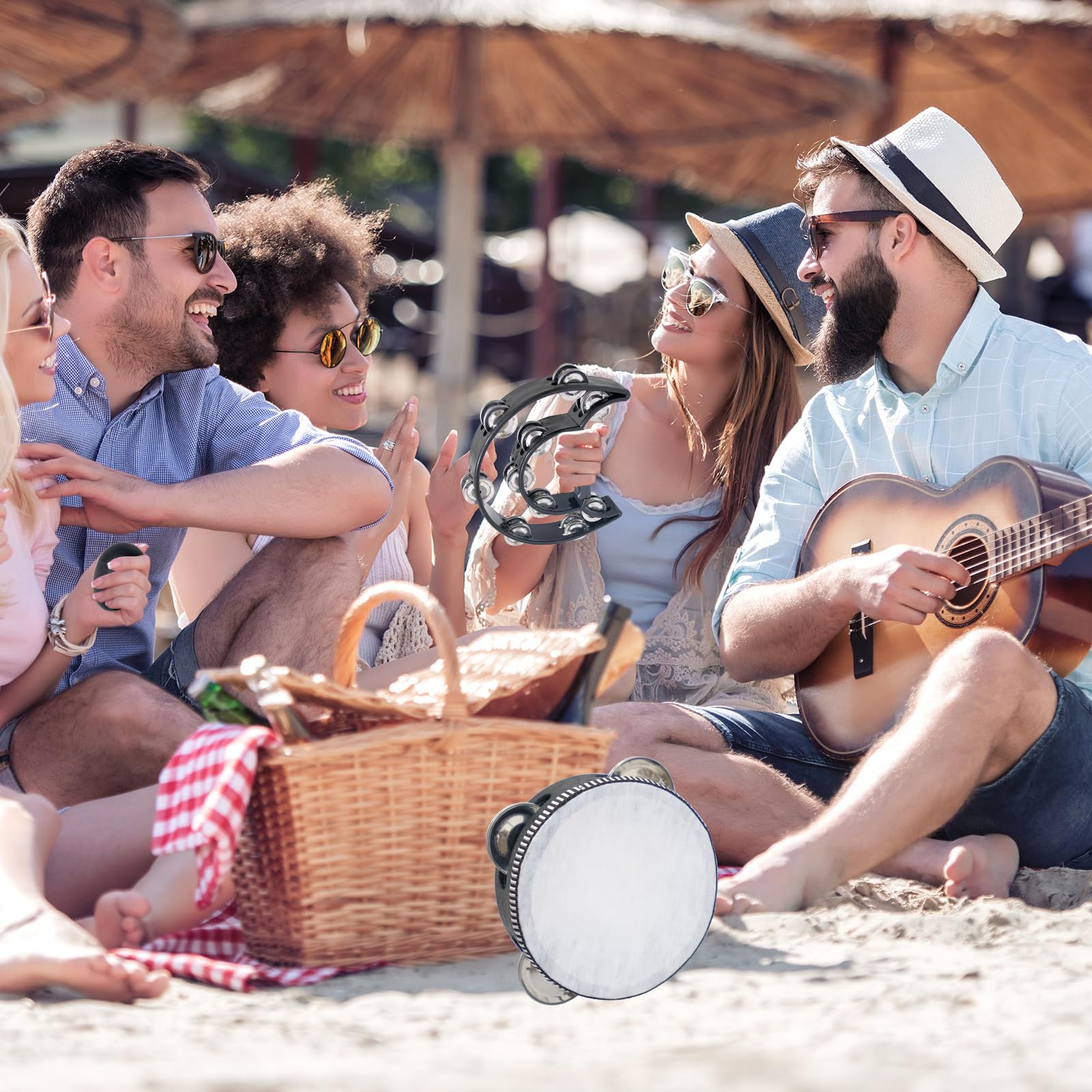 10 panderetas para adultos, juego de percusión musical de mano con cascabeles de metal, pandereta, pie pandereta, martillo de arena, palitos de ritmo de madera, huevos para suministros de fiesta
