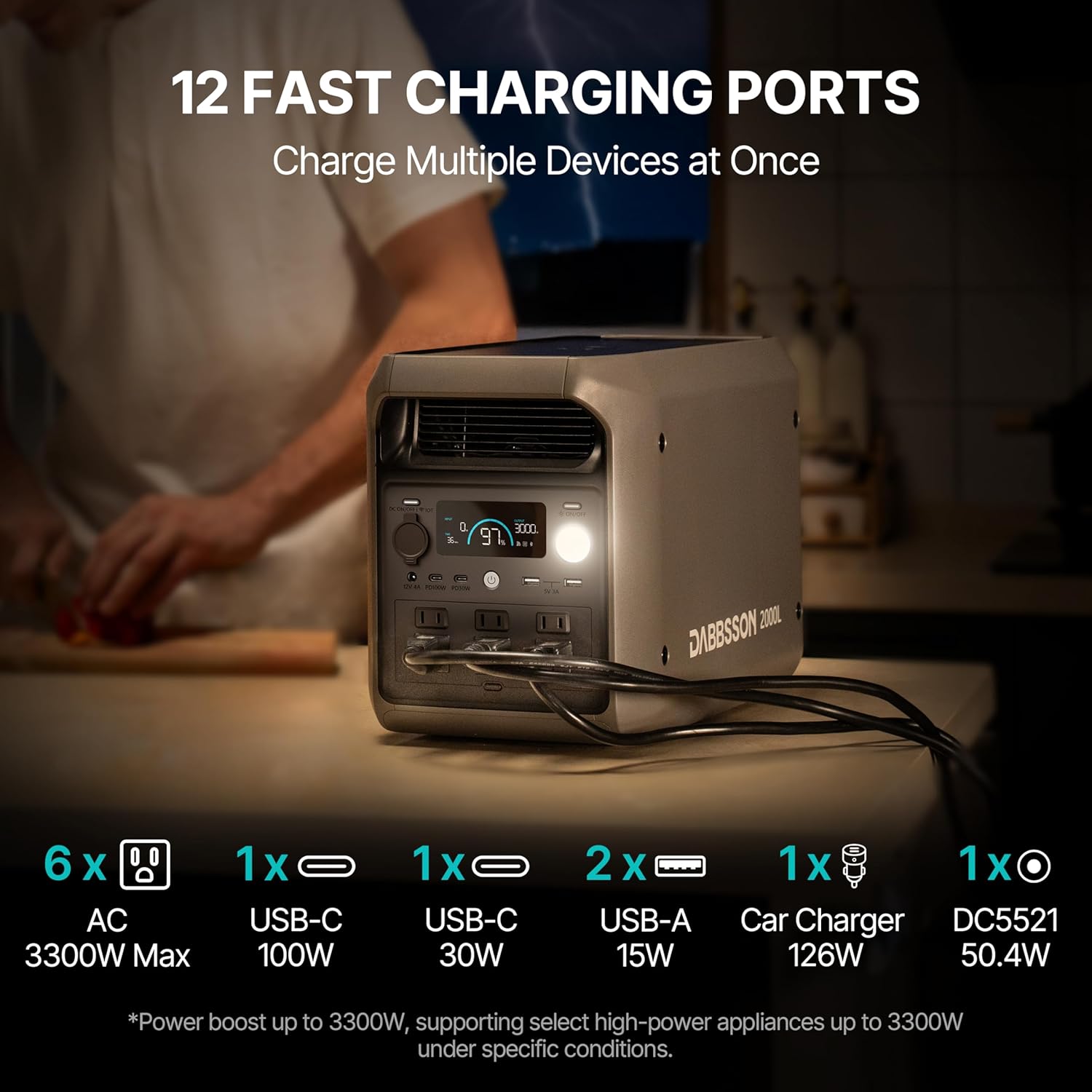 DABBSSON 2000L Solar Generator with Charger S, 2048Wh Semi-Solid LiFePO4, 560W Alternator Charger, 2200W AC x6, P-Boost 3300W, Compact&Lightweight, 1.3X Runtime, Portable Power Station for Camping/RV