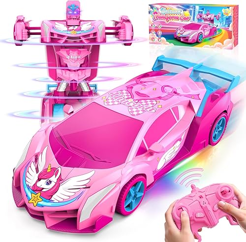 Unicornio Transform RC Cars para niñas, juguetes con brillantes ojos de arcoíris y luces debajo de la carrocería de 2.4 GHz, auto de control remoto