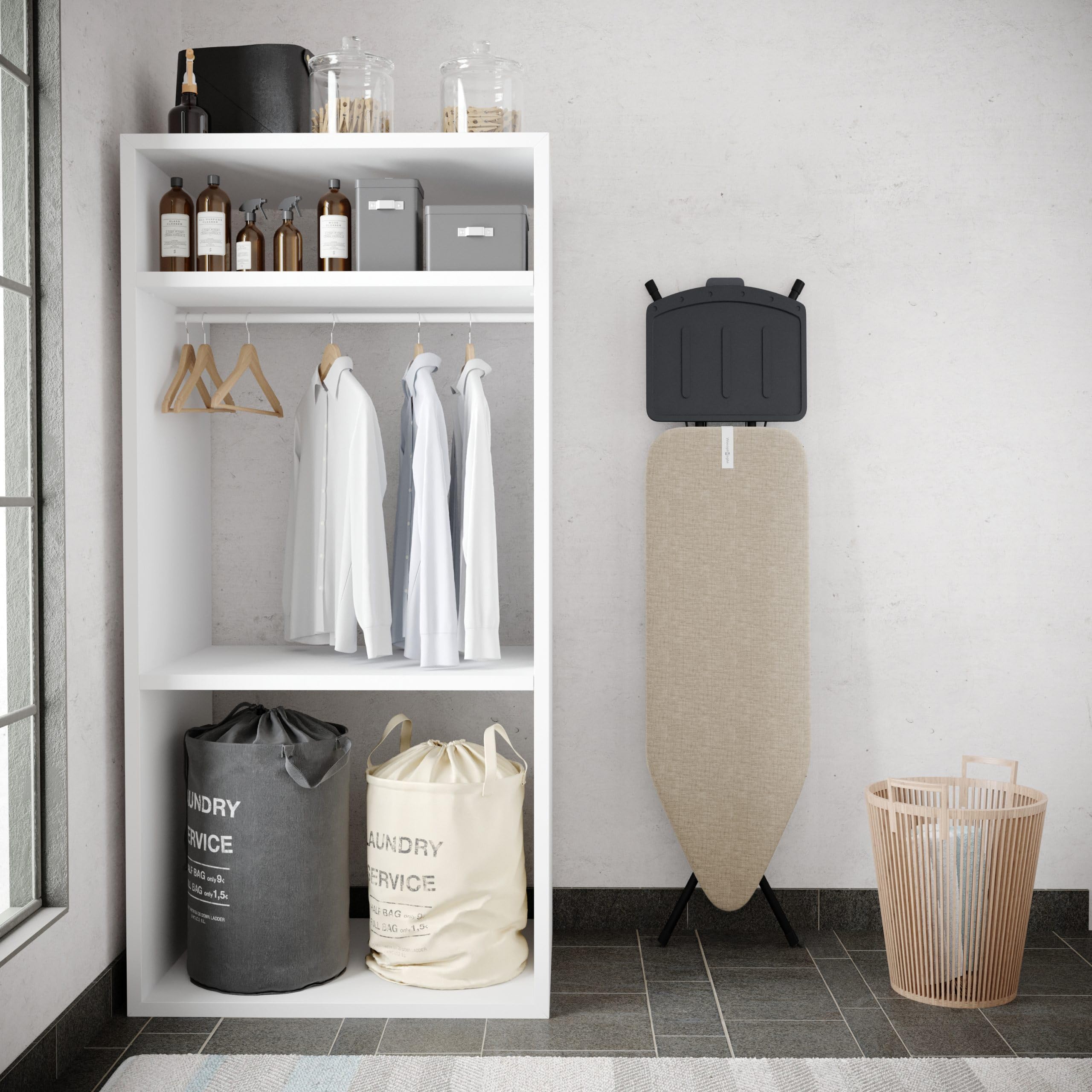 Bügelbrett – Mit Dampfbügelstation-Ablage – 122x38 cm – Stabil und standfest – Höhenverstellbar – Luxuriöses Bügelerlebnis – Farbe: Beige