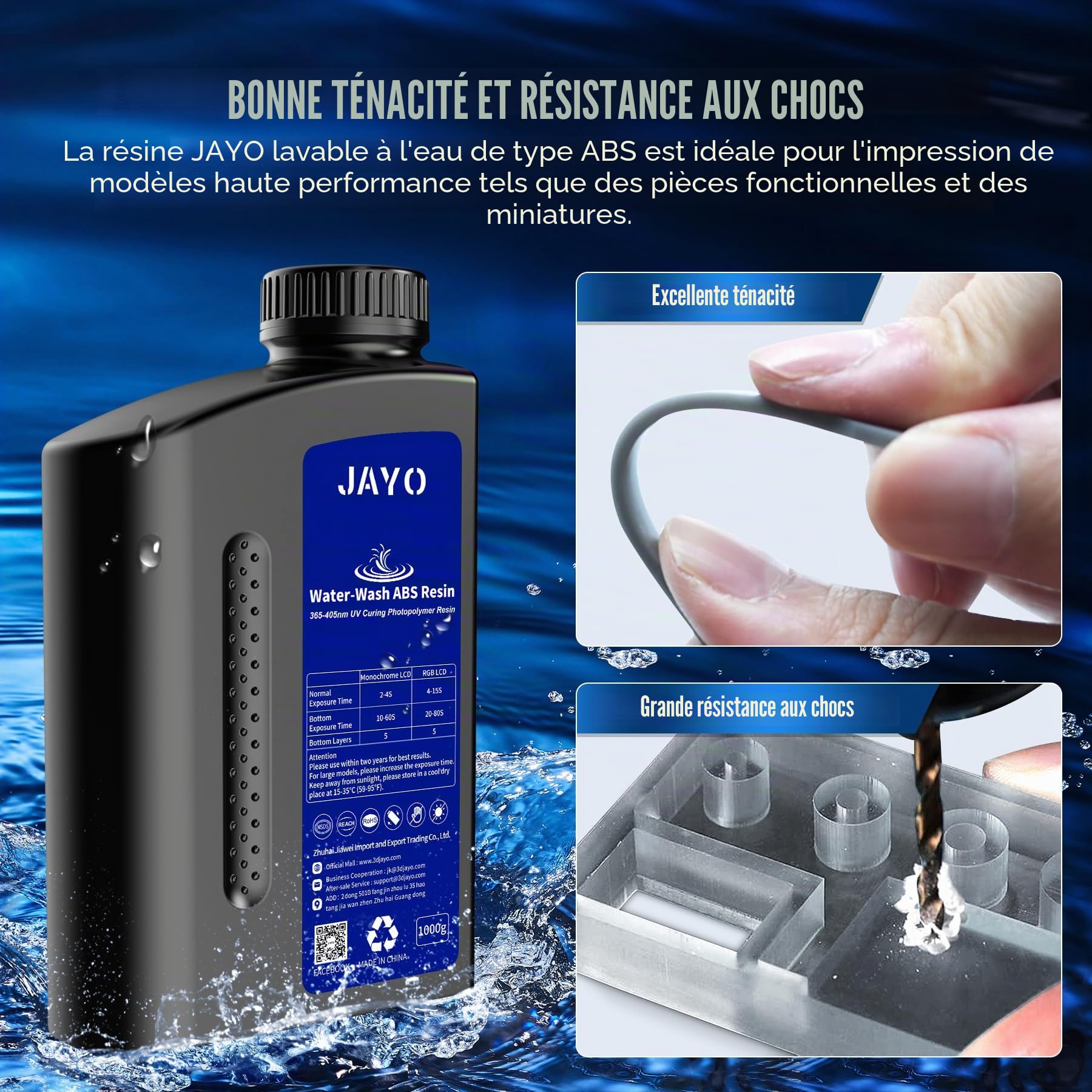 JAYO Résine ABS-Like Lavable à l'Eau 3KG, Résine d'Imprimante 3D 405nm UV Standard Résine Photopolymère Rapide pour Imprimante 3D LCD/DLP/SLA, Haute Précision, Non fragile, Faible Odeur, Gris Foncé