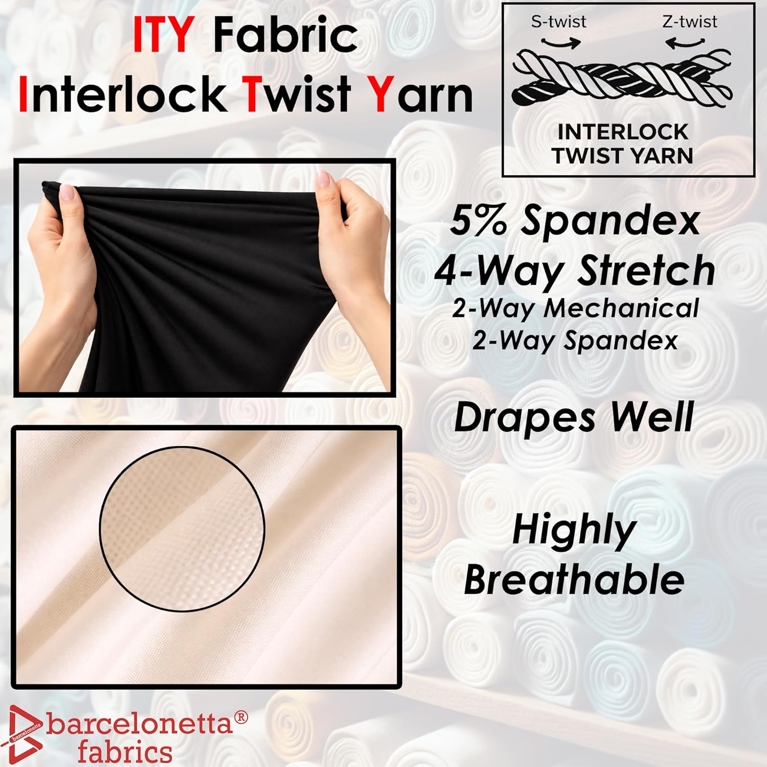 ITY Jersey Fabric | Spandex Knit | 2-Way Stretch | 95% Poly, 5% Spandex | Anti-Wrinkle, Breathable | 60" Wide | By the Yard | Apparel, Event Decor, Drapery (Black, 5 Yards)
