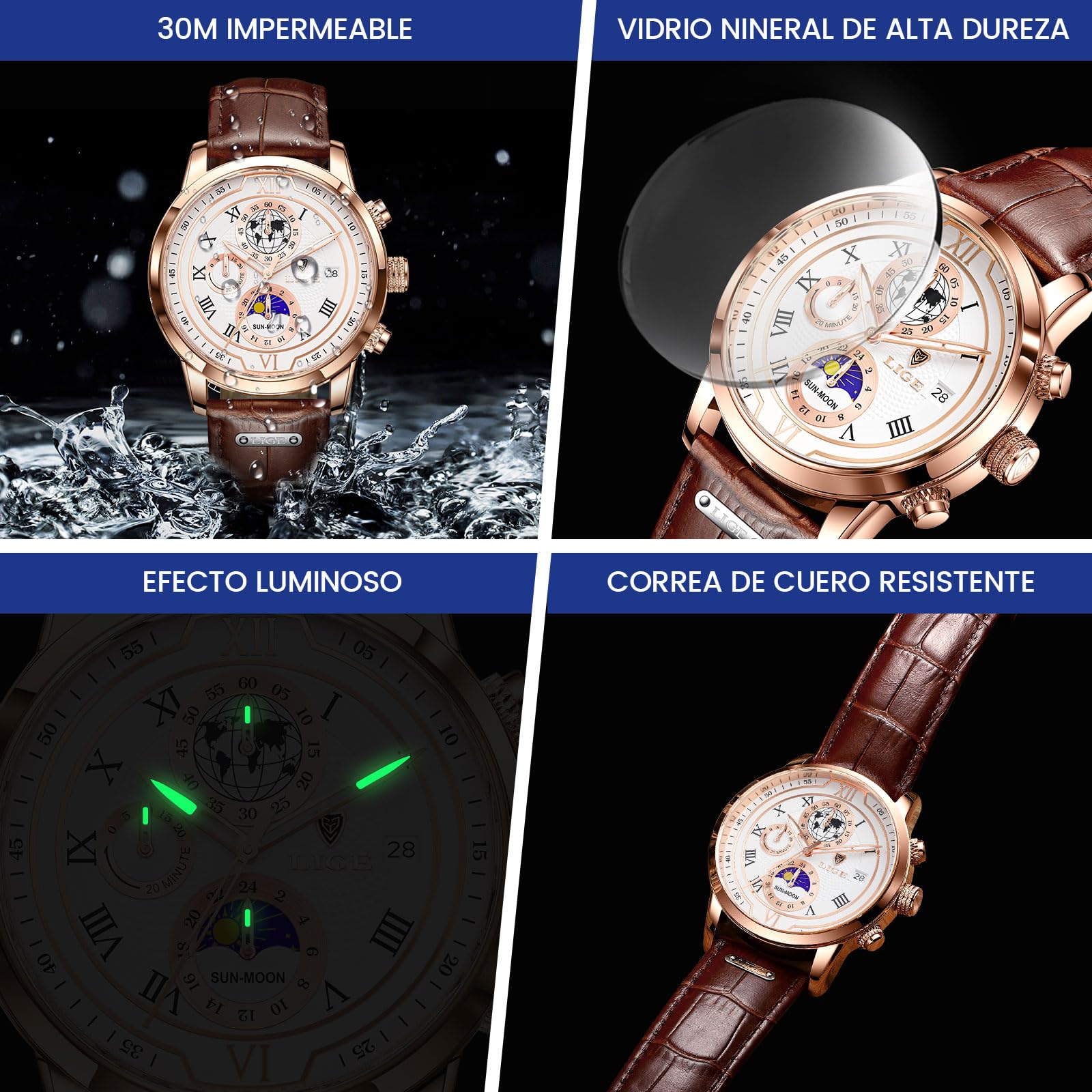 LIGE Reloj para Hombre CronóGrafo Cuarzo con Fecha DiseñO Fases De La Luna Correa De Negro Cuero Reloj Diari Resistente Al Agua - Relojes Elegantes para Los Negocios Y La Vida Diaria,Plata Blanca