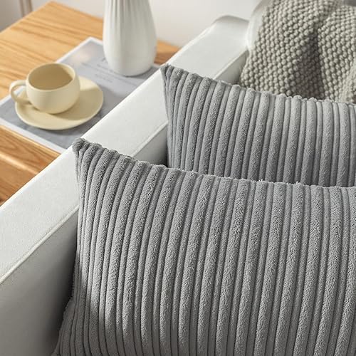 Miniatura 2 de Kevin Textile - Juego de 2 fundas de cojín decorativas de terciopelo de pana a rayas súper suaves para bebé, 16 x 16 pulgadas (15.7 in), color gris