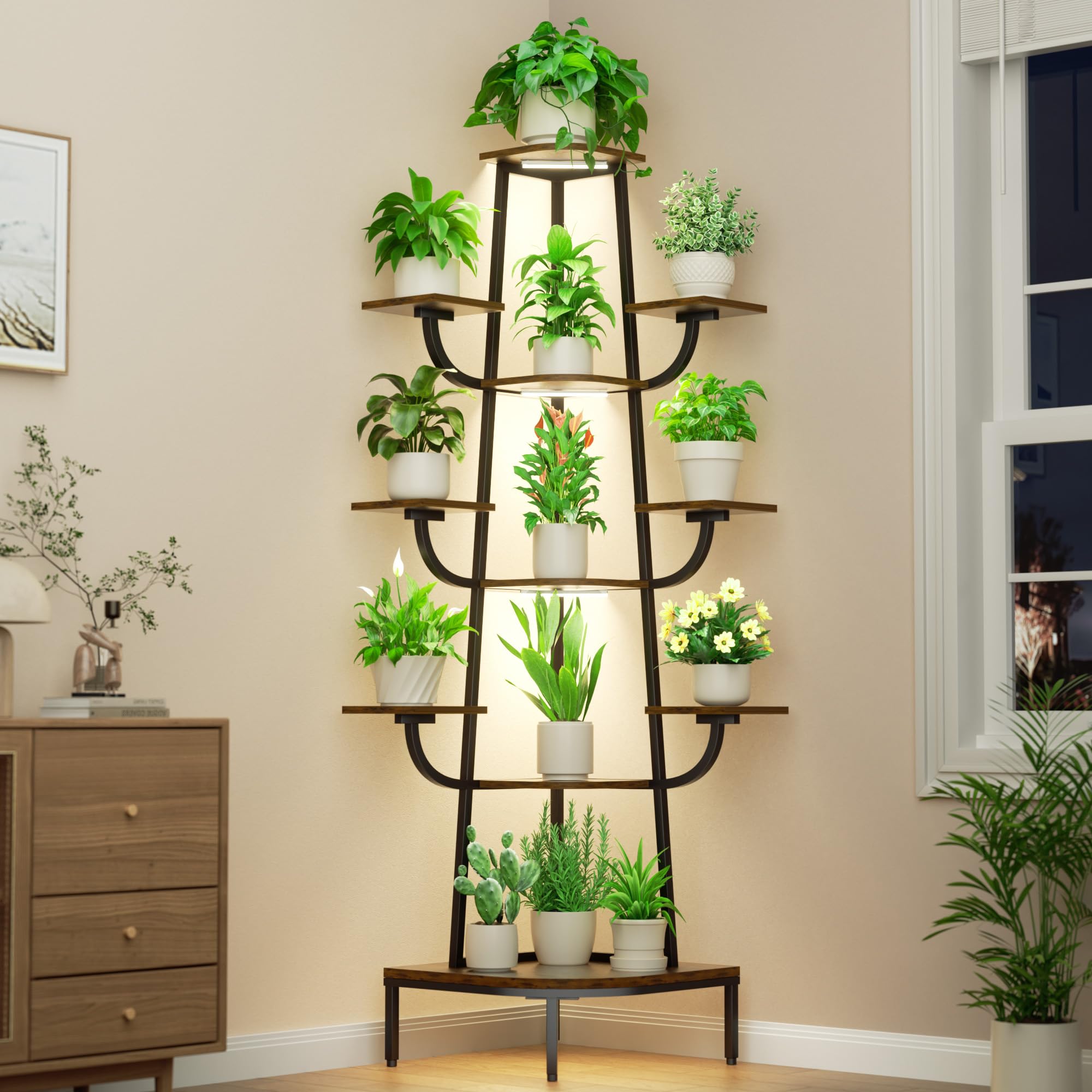 Support d'angle pour plantes d'intérieur avec lampe étagère métal 8 niveaux 183 cm
