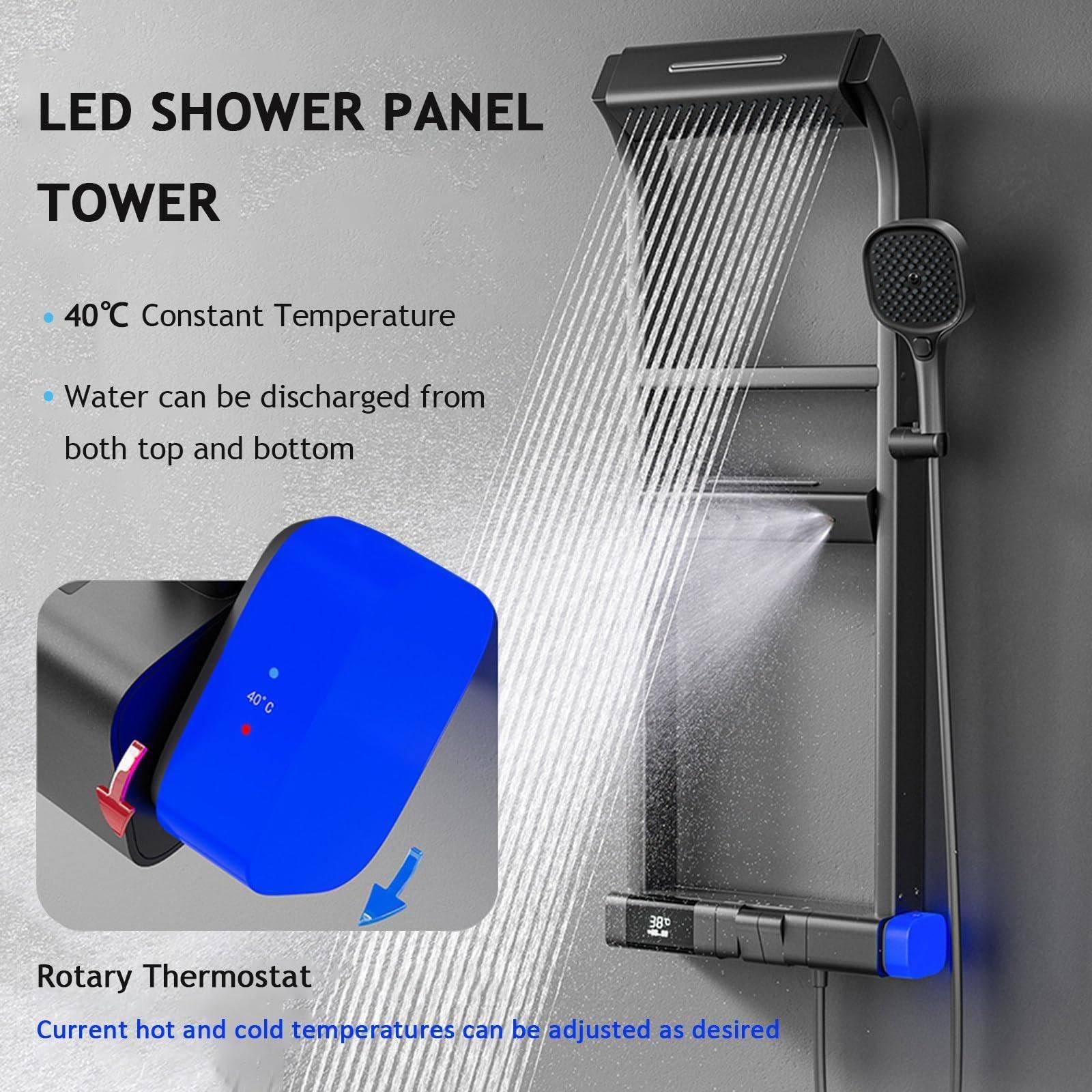 Set Miscelatore Doccia con Display Digitale a LED, soffione a Pioggia e soffione Portatile, Pannello di Controllo per Bagno, mensola a Torre per ristrutturazioni Moderne