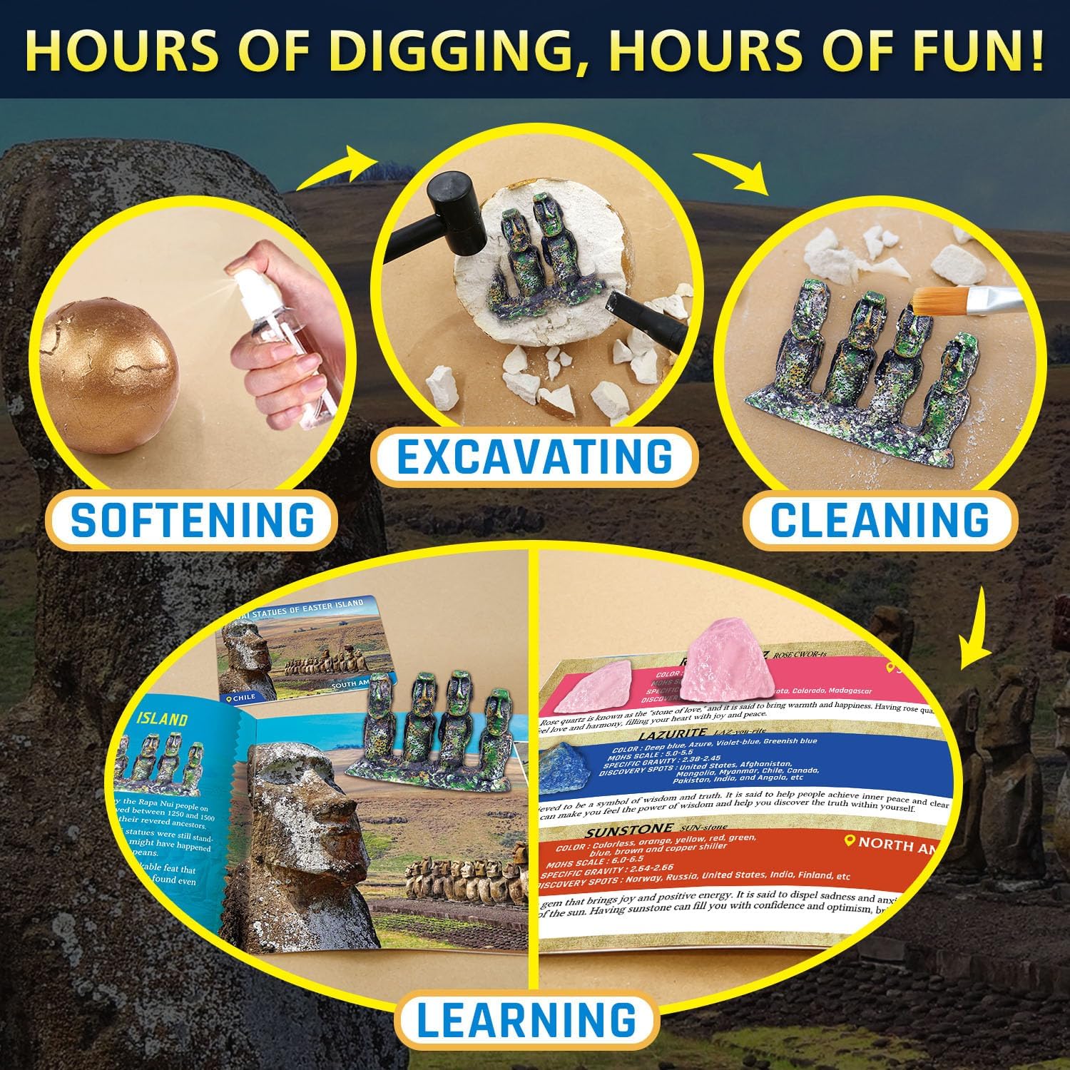 PIBEX Ancient Wonders Dig Kit, Dig up 6 Mystery Historical Landmarks & 6 Treasure Stones, Famous World History Architecture Toy Archaeology Set, STEM History Gift for Kids Age 6-8-12