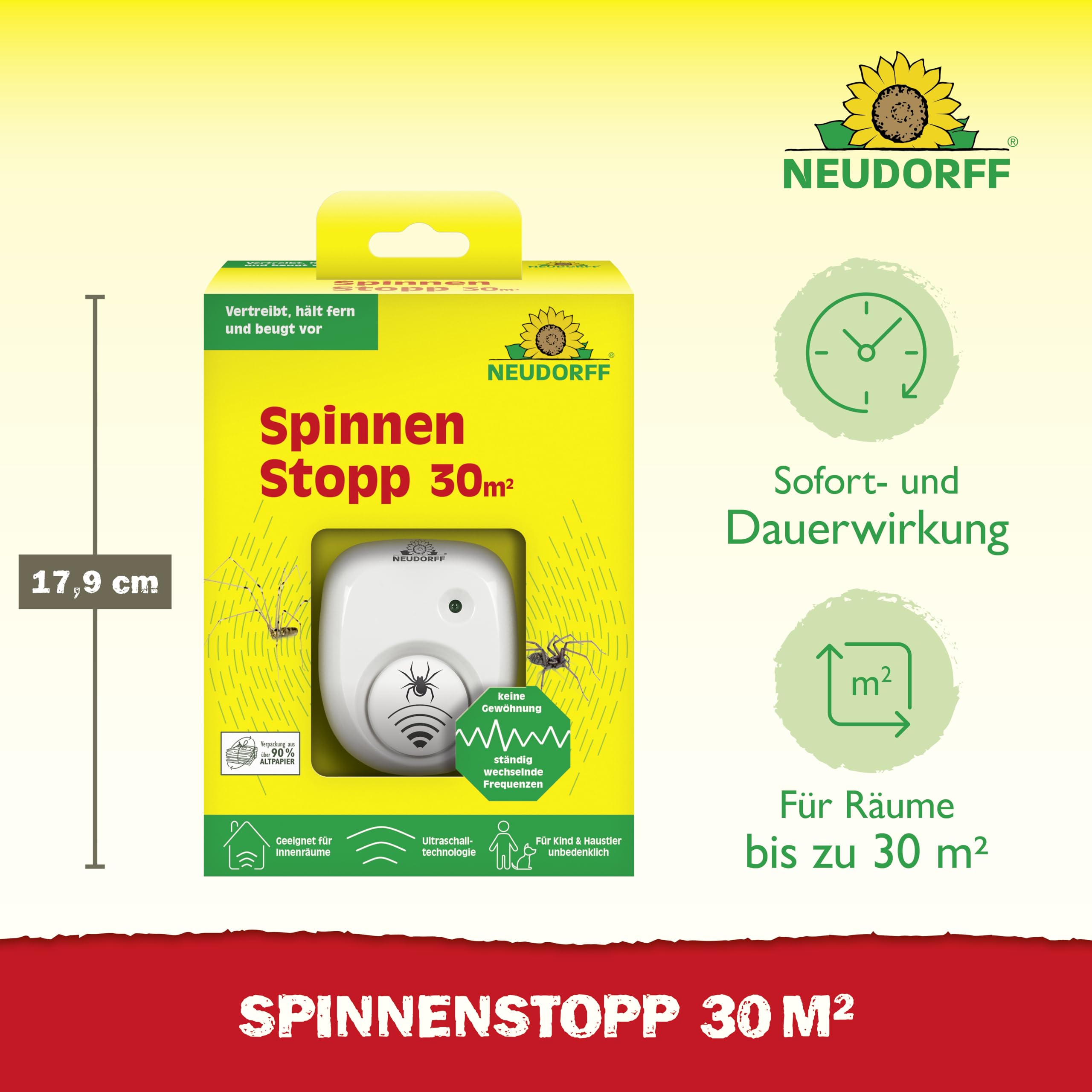 Neudorff SpinnenStopp 30m² – Vertreibt Spinnen sofort und dauerhaft aus Wohnräumen, Dachböden, Kellern und Garagen. Anti Gewöhnungseffekt, 1 Stück