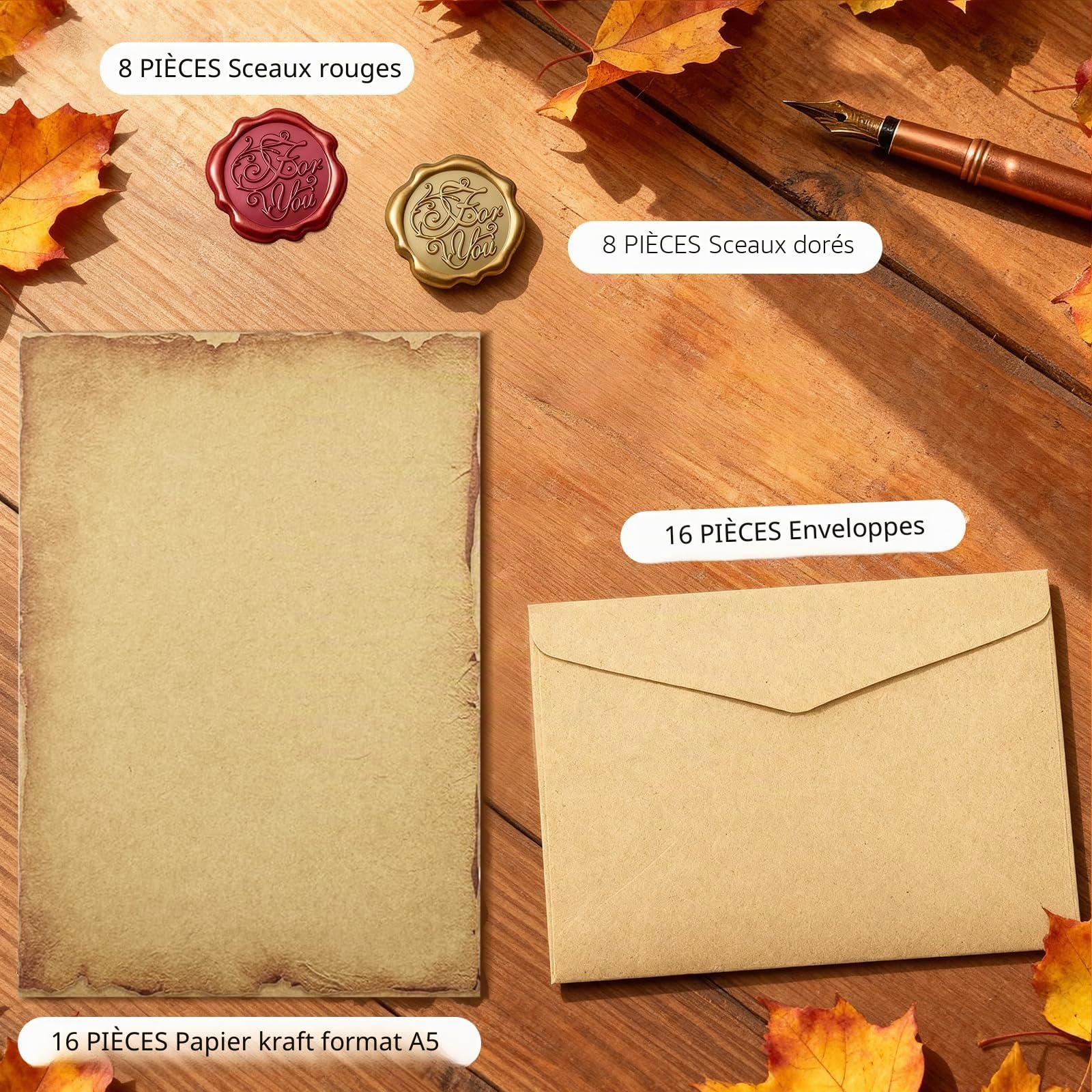 Ensemble de Papeterie Vintage 16 Enveloppes Papier Kraft Lettre Autocollants Sceau Cire Mariage