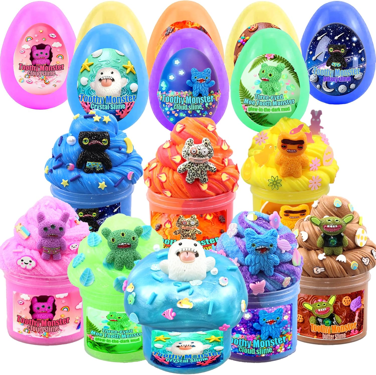 8-Pack Easter Eggs Slime Kit for Kids - Toothy Monster Themed Slime with Resin Charms & Mini Accessories, Easter Basket Stuffers, Party Favors, Birthday Gifts & Classroom