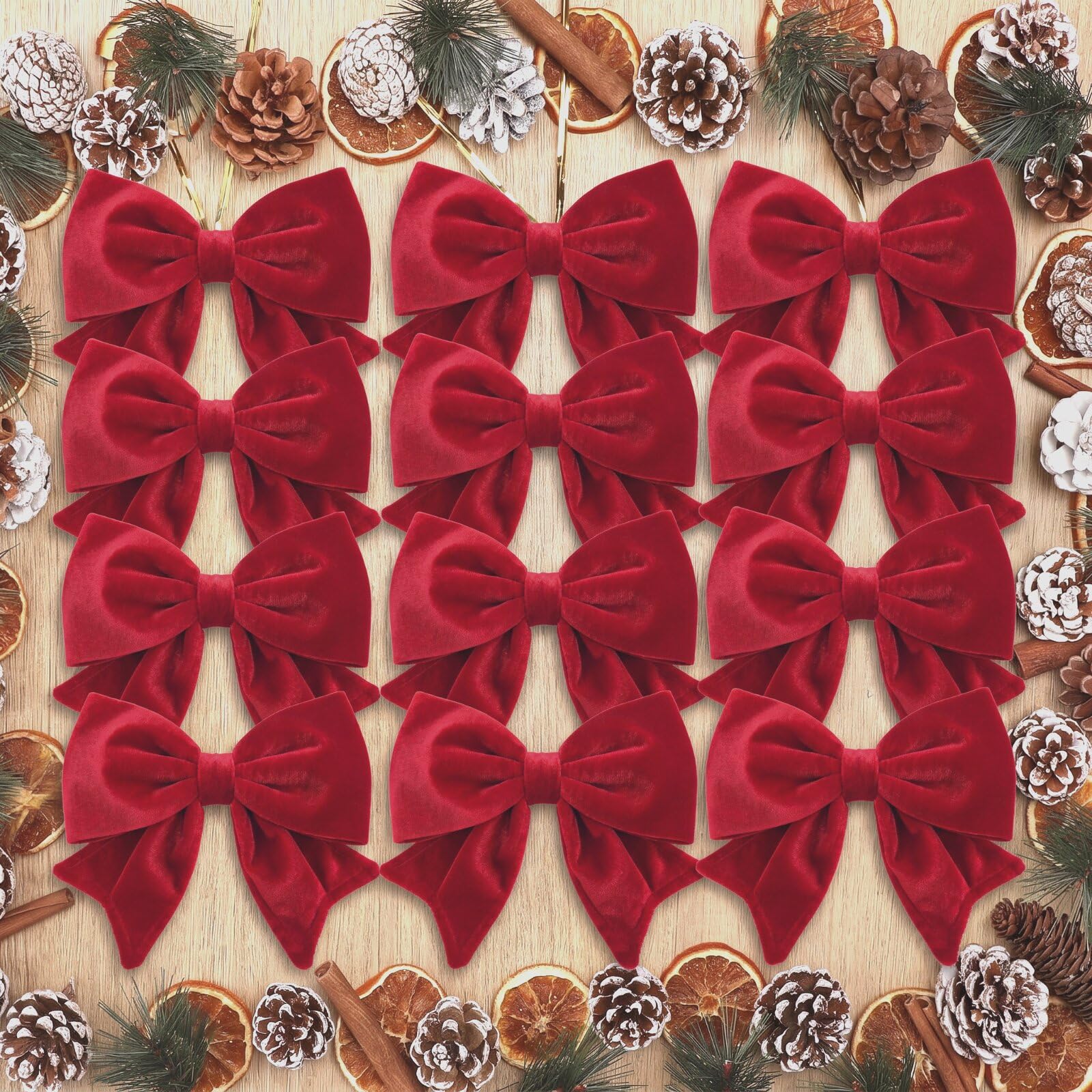 12 Pcs Red Christmas Velvet Bow Ornaments with Tie Wire