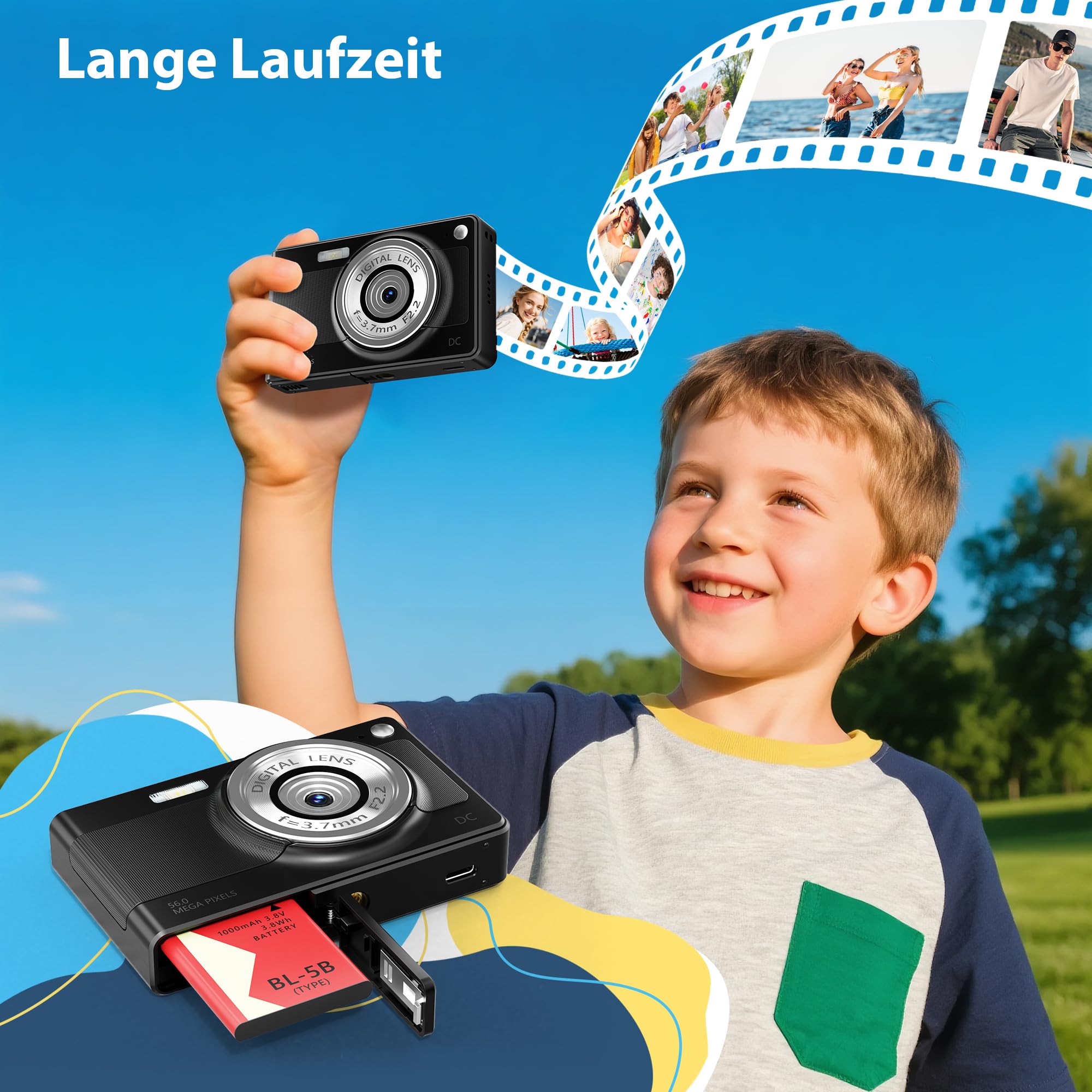 Digitalkamera 56MP 1080P Fotokamera mit 32GB SD-Karte & 2 Akkus, 16-Fach Digitalzoom mit 2,8" LCD-Display, Fotoapparat Kompakt Digitalkamera für Einsteiger, Jugendliche und Studenten, Schwarz