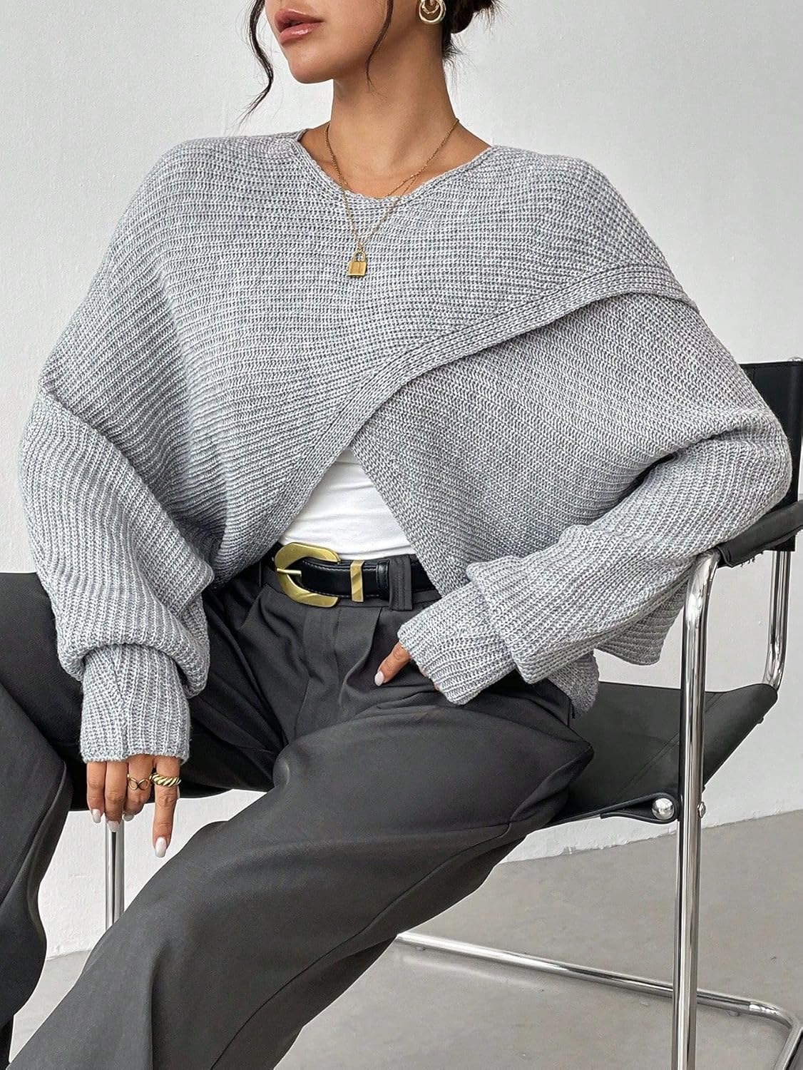 SKAYS Women's 2025 Wrap Sweater Asymmetrical Crossover Boat Neck Oversized Poncho Batwing Long Sleeve Knit Fall Sweater - Image 6