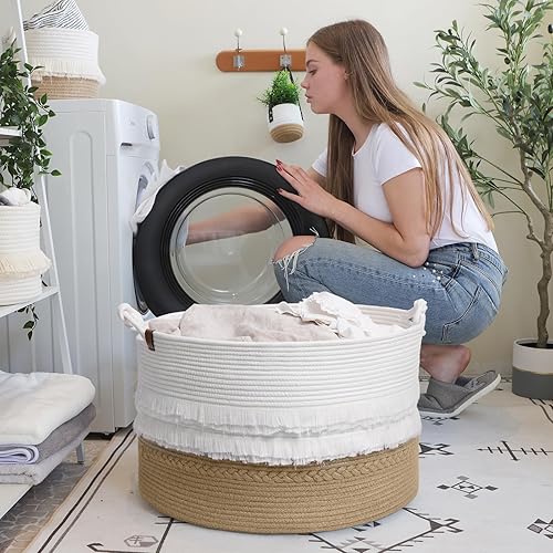 Miniatura 3 de TIMEYARD Cesta para manta, 21.7 x 13.8 pulgadas, cesta de almacenamiento grande para sala de estar, canasta de juguetes con asas, cesta tejida para