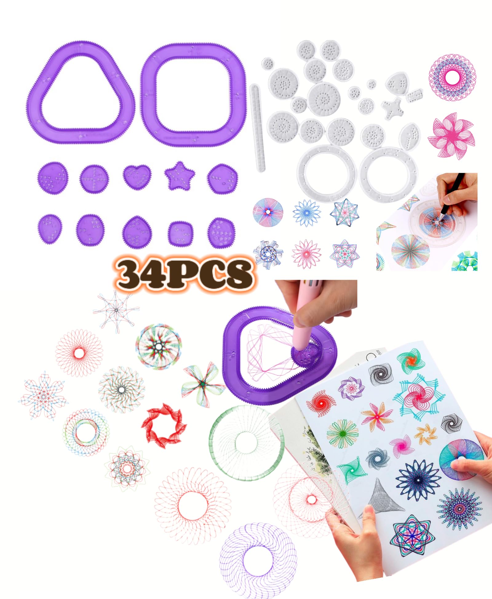 34-Pieces Spiral Art Gear Plastic Template Ruler Drawing Kit, DIY Art Craft Sketch Tools, Comes with 1* Drawing Book and 1* Ten-Color Ballpoint Pen