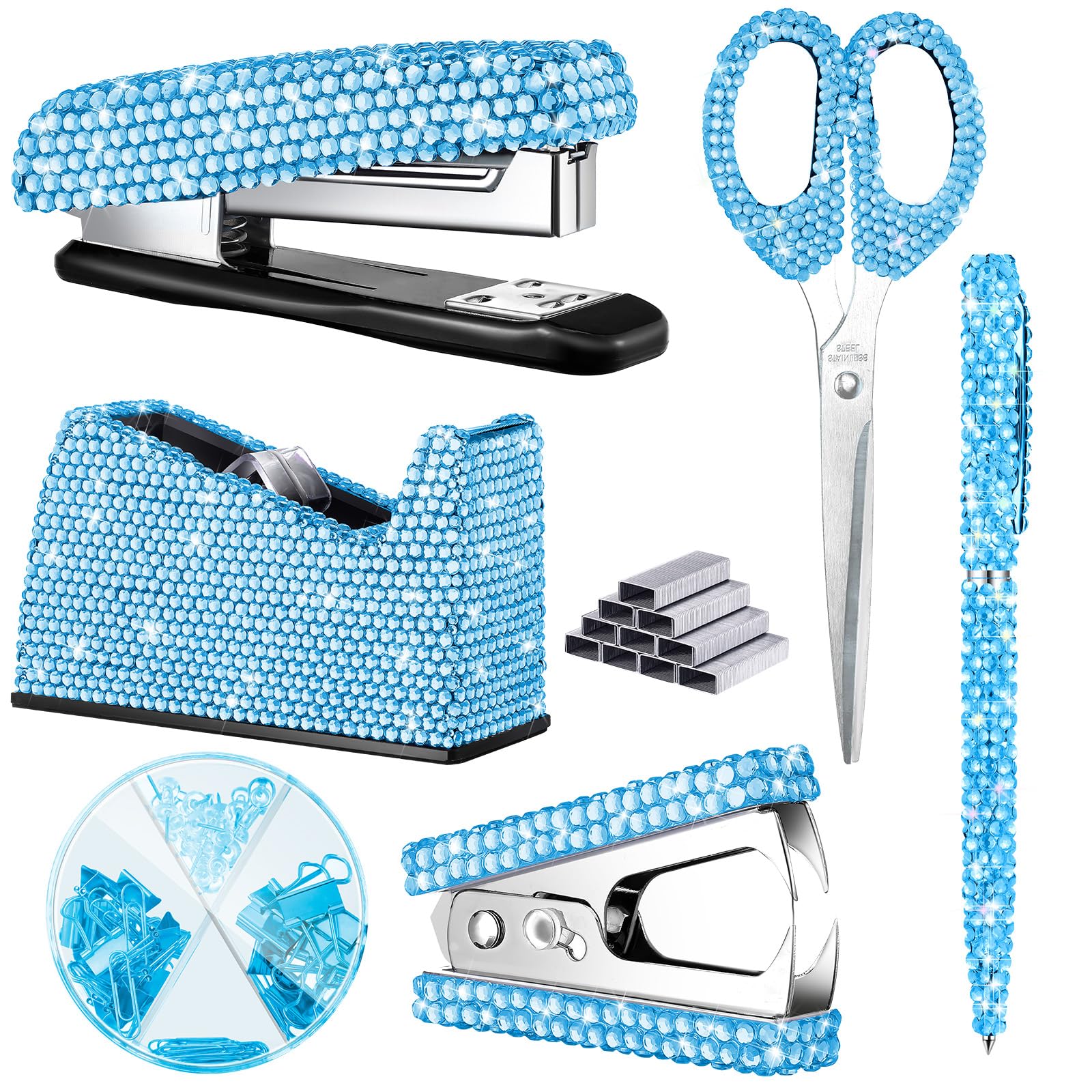 Demissle 6 Pcs Bling Office Desk Accessories Set Crystal School Stationery Kit Scissor Stapler with Staple, Tape Dispenser, Diamond Pen, Staple
