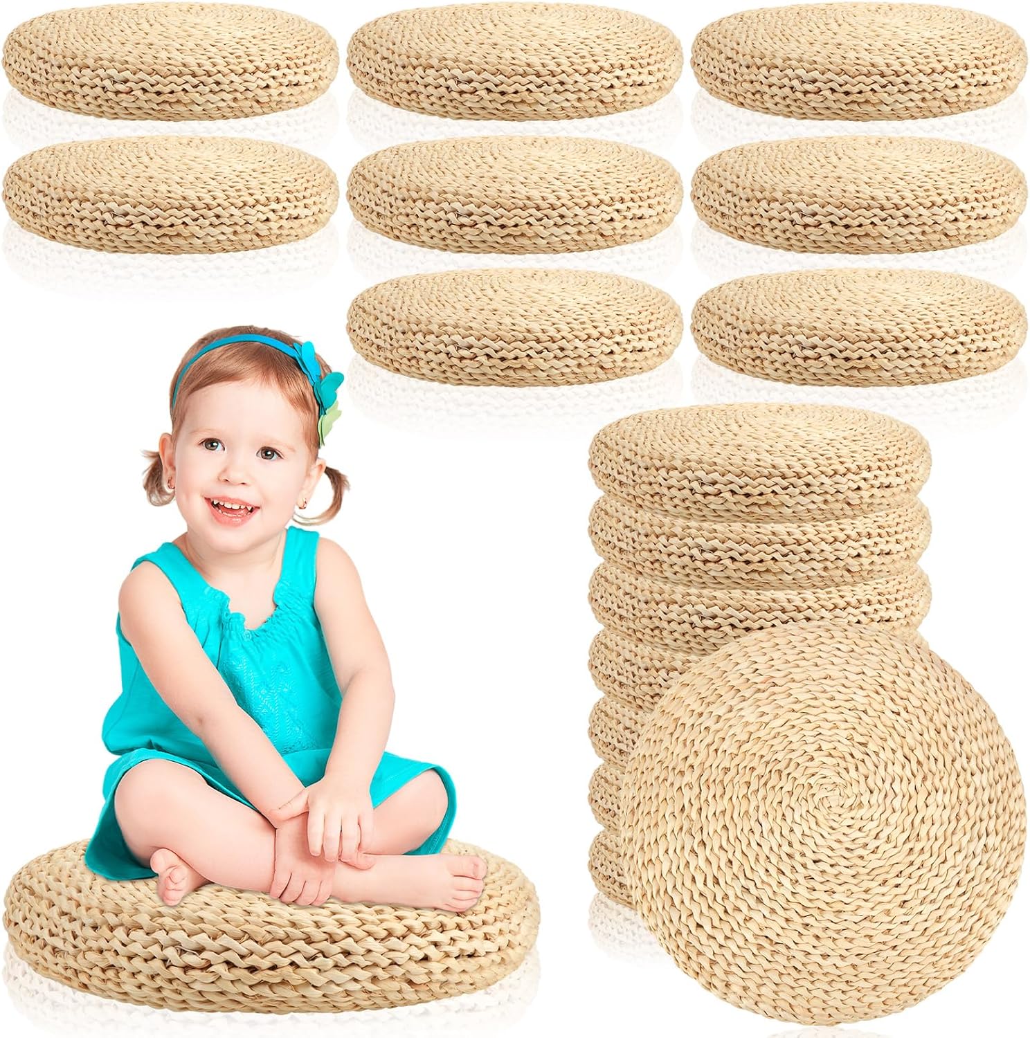 Barydat 8 Pcs Floor Cushions Round Large Pillow Seating Meditation Floor Pillow Boho Natural Woven Seat Cushion Japanese Tatami Cushion for Yoga Room Balcony Chair Pad, 15.75 Inch