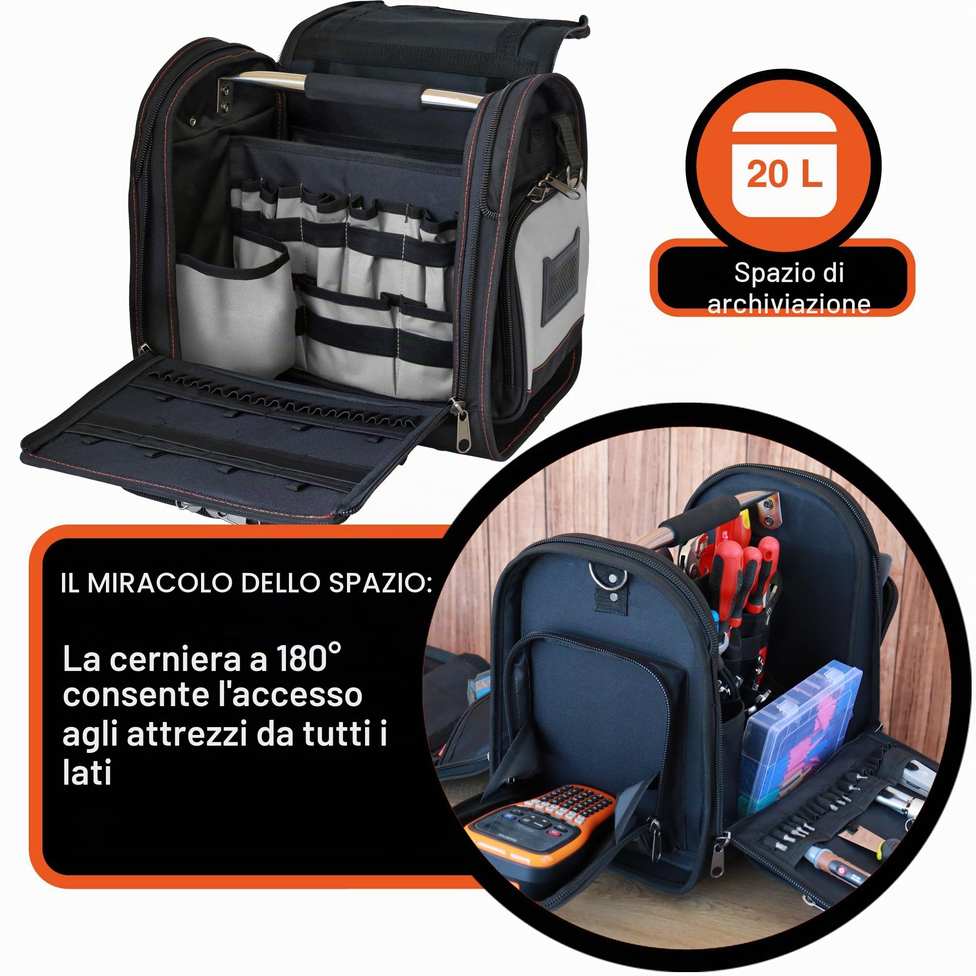 YPC Foreman – Borsa porta attrezzi XL, grigio-nero, 37x36x27cm, capacità di carico 20 kg