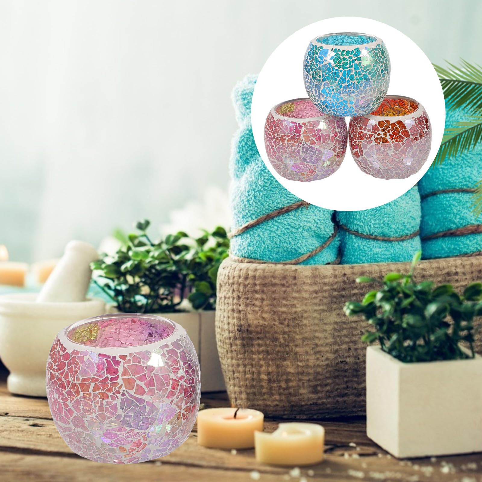 3 Piezas Portavelas de Cristal con Diseño de Azulejos