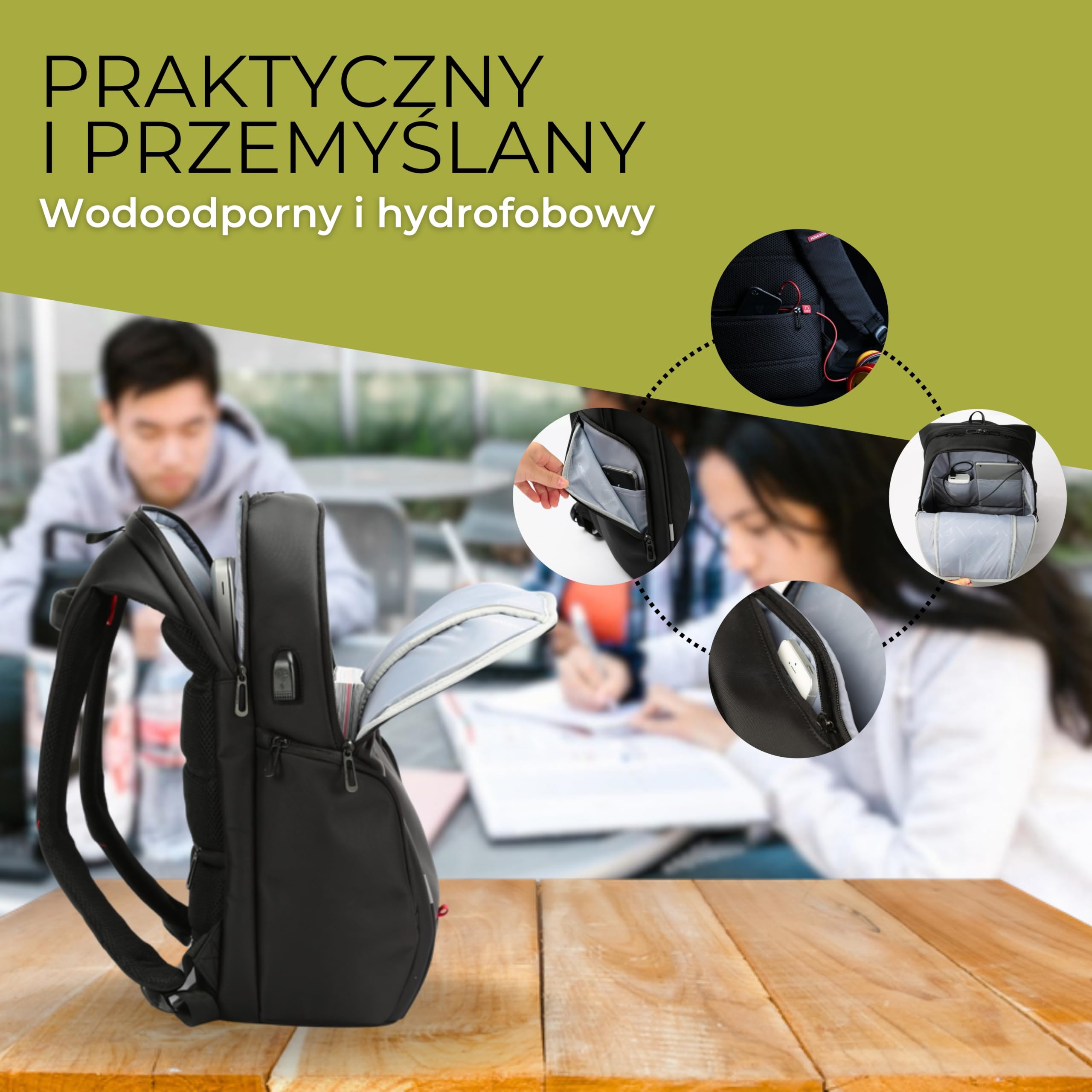 Odpierający deszcz plecak na laptopa 15.6 cala, solidny plecak biznesowy! | Ten czarny plecak biznesowy męski (ok. 30L) odpycha lekki deszcz. Ma złącze USB do ładowania i ułatwia poruszanie po mieście.