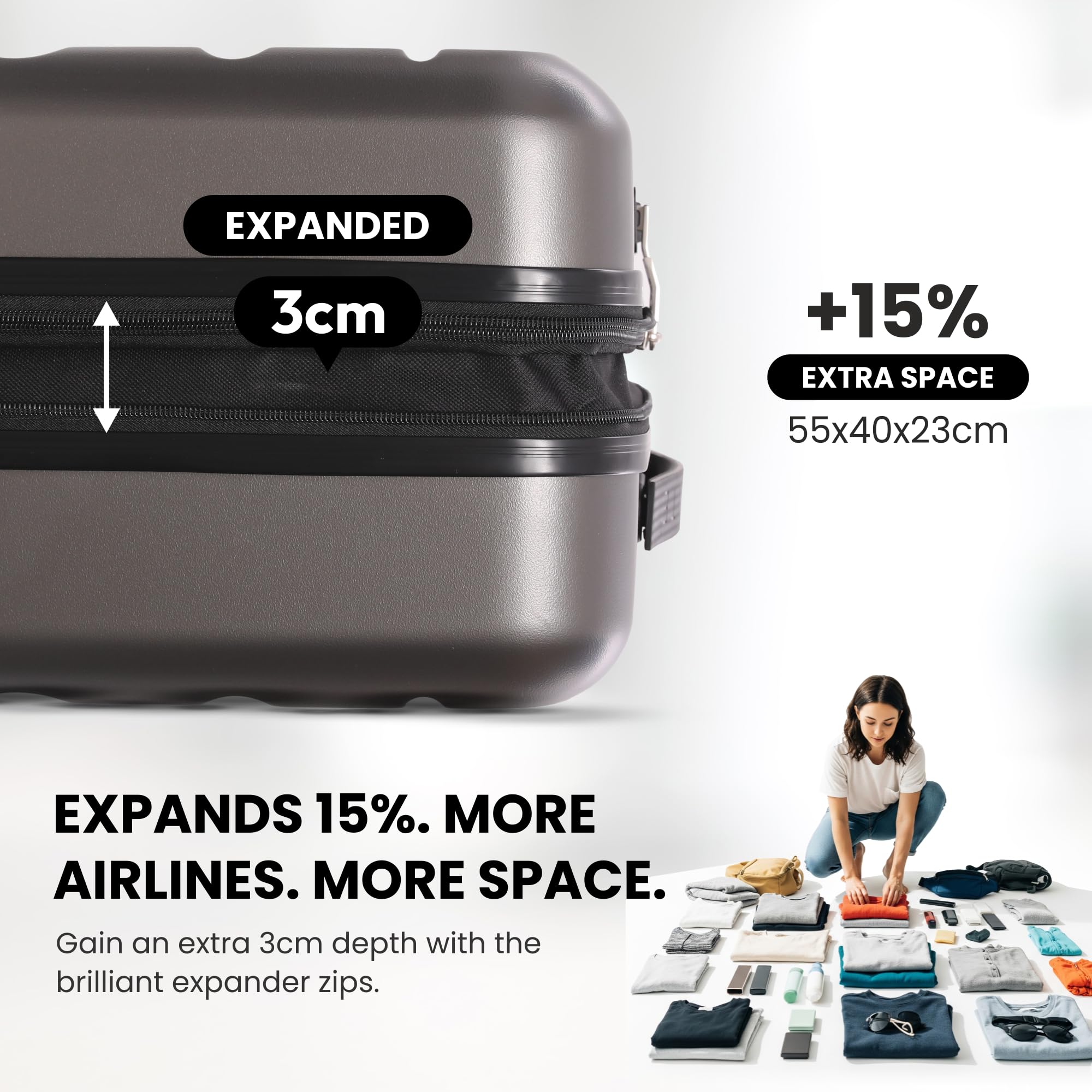 Aerolite 55x40x20 Expandable Ryanair Priority 4 Wheel Cabin Suitcase | Hard Shell Case TSA Lock Max Size 55x40x20cm to 55x40x23 Carry On Hand Cabin Luggage 4 Dual Spinner Wheels Charcoal product thumbnail 4