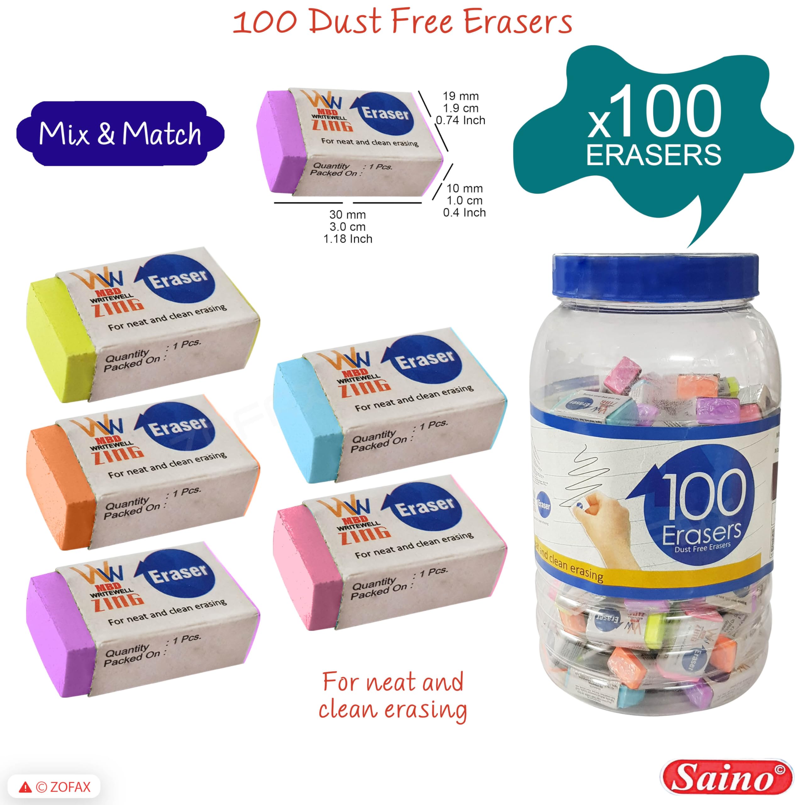 Writewell Novelty Coloured Erasers, Medium, Pack of 100, Multicolour, Multipack, Pencil Rubber Erasers - Image 2