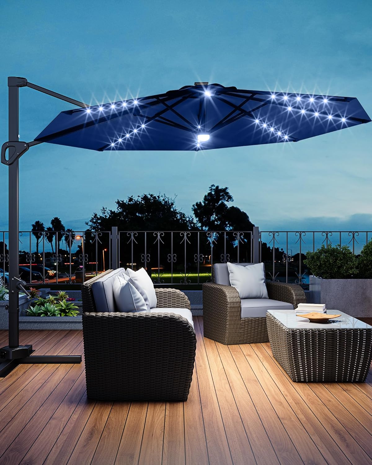 GarveeLife 10 ft Cantilever Umbrella Outdoor Patio Umbrella Solar LED w/Base Included Market Offset Umbrella Sun Shade Windproof with 360-Degree Rotation for Patio Garden Deck Pool, Navy Blue