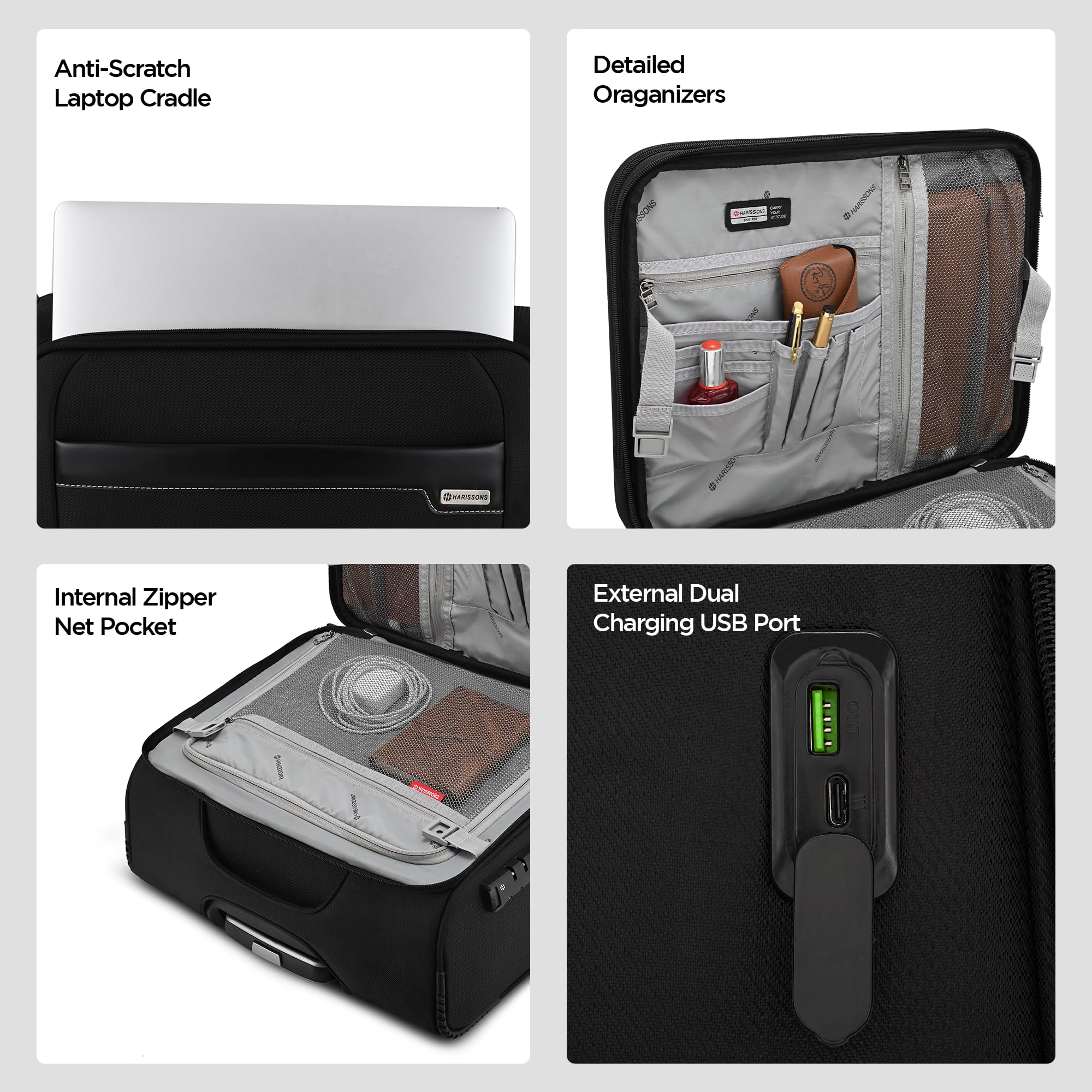 HARISSONS Columbus Cabin Trolley | 41L | Premium EVA Fused Polyester + Vegan Leather | Dual Compartment | TSA Lock & USB Charging | Business Travel Luggage 1