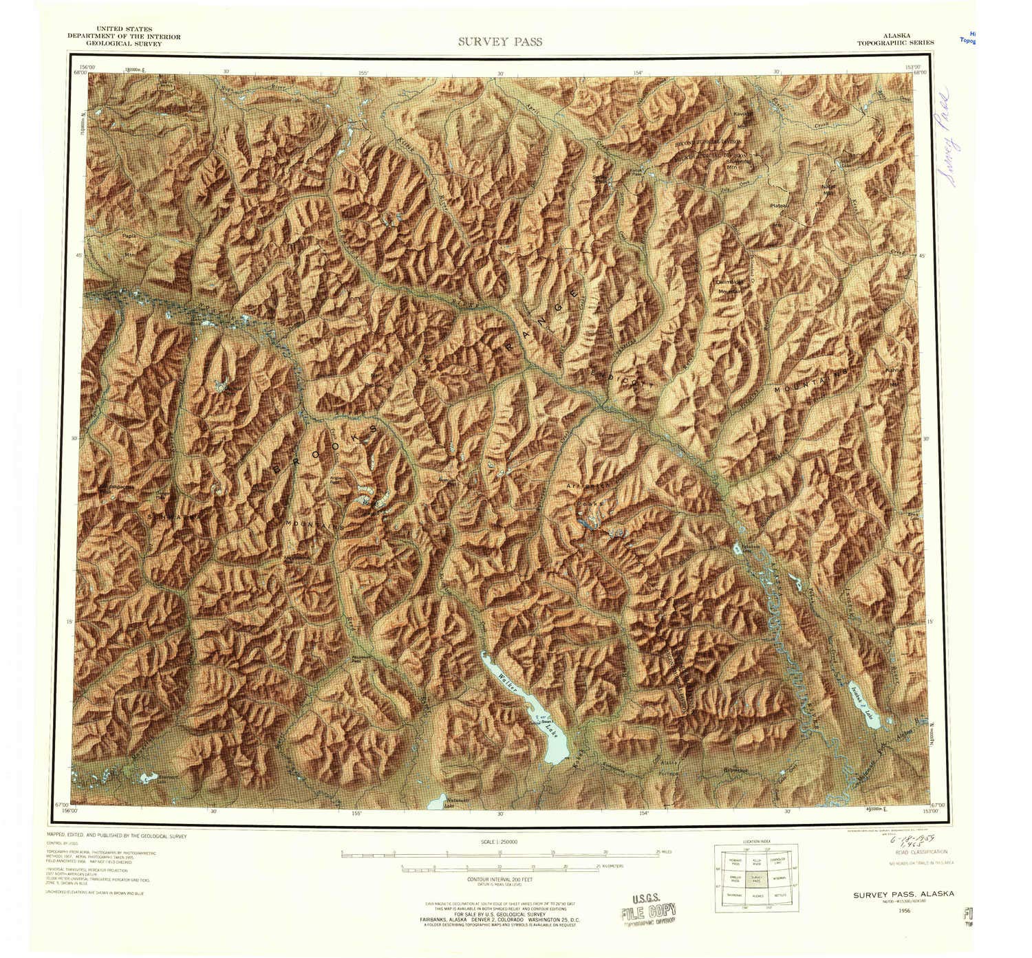 YellowMaps Survey Pass AK topo map, 1:250000 Scale, 1 X 3 Degree, Historical, 1956, Updated 1959, 23 x 24.7 in - Tyvek