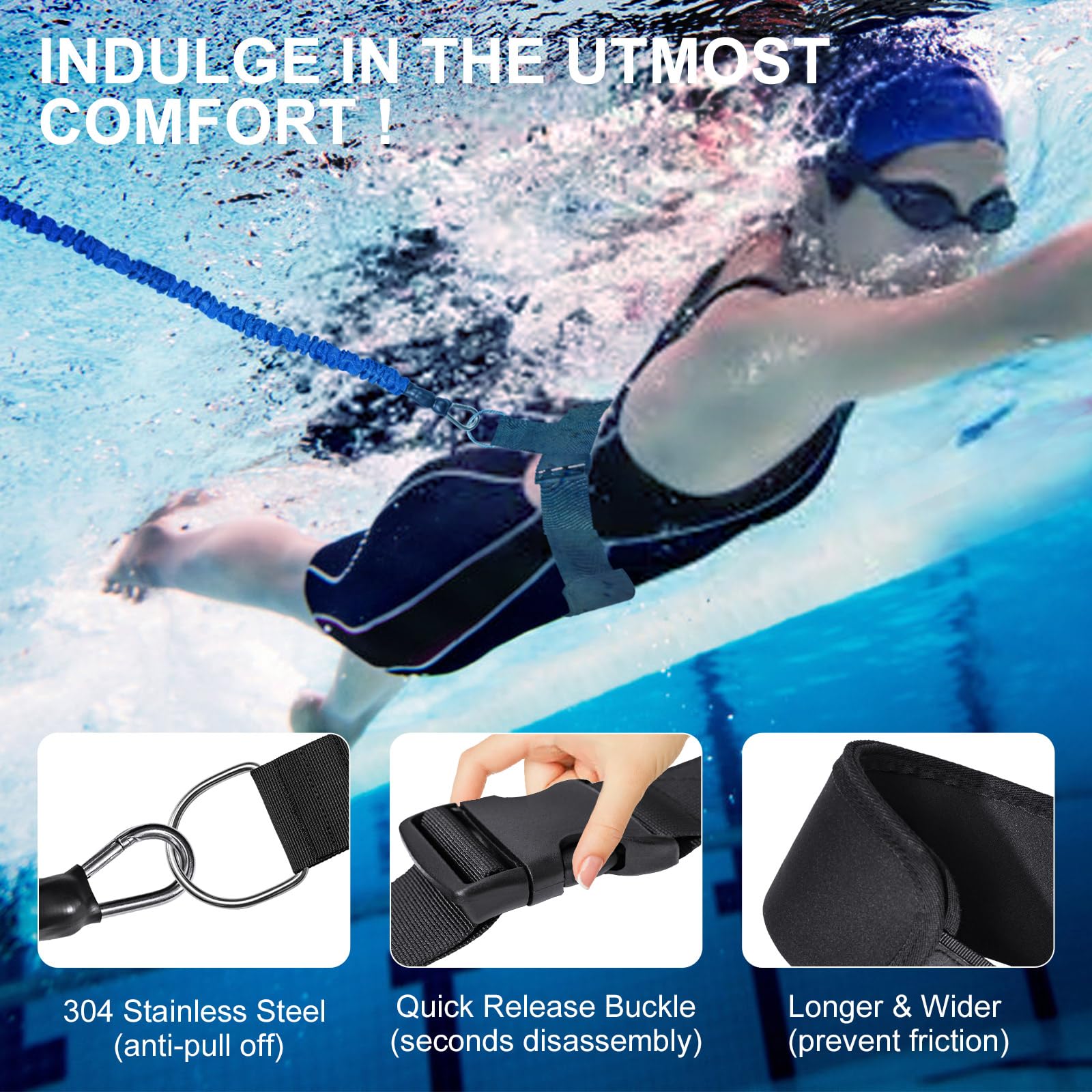 Sangle de Natation pour Piscine - Entraîneur de Natation Professionnel avec résistance réglable de 2,5 à 7,5 m - Ceinture d'entraînement pour Adultes- Entraînement de Piscine sans système - 4