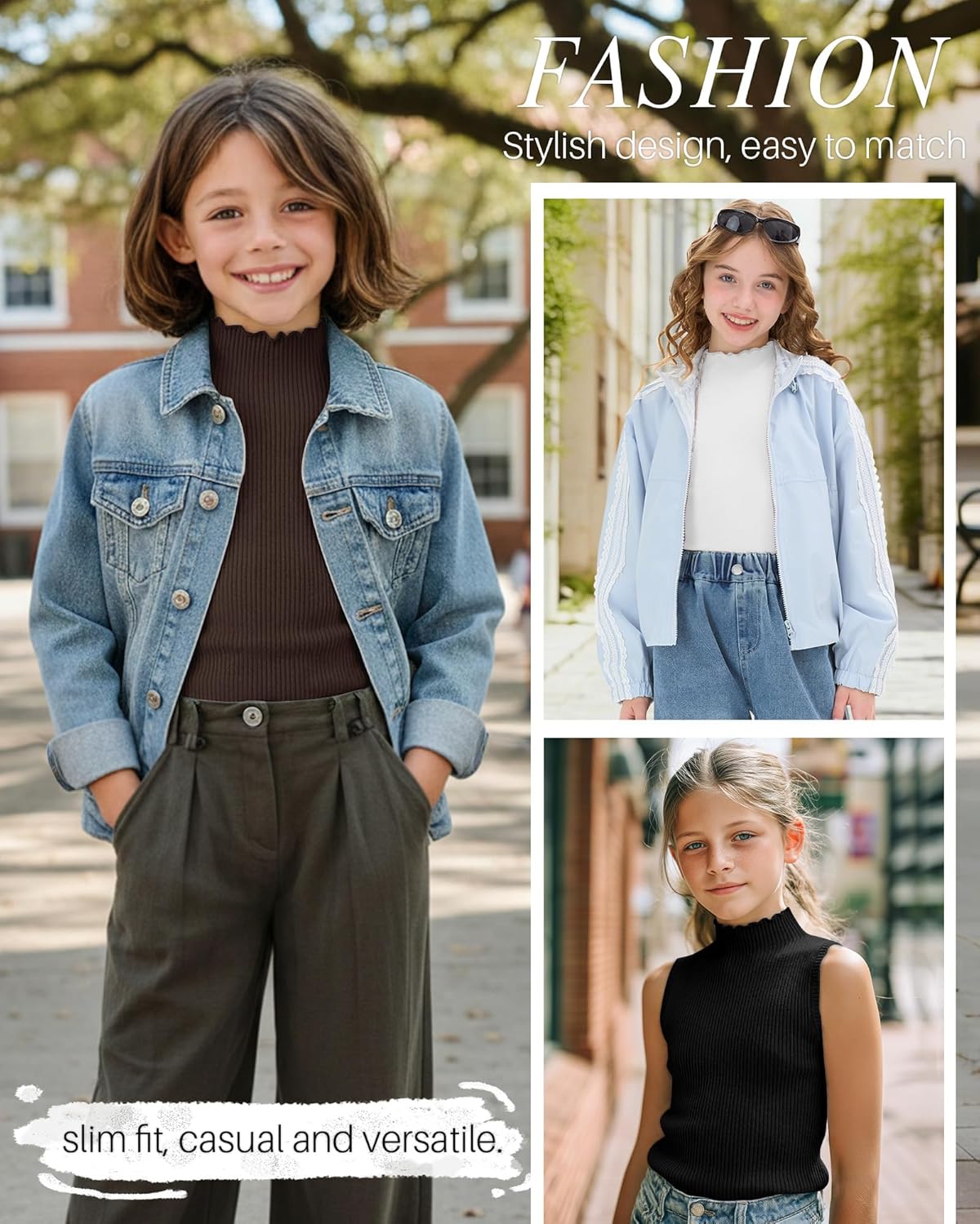 3 Pack Girls Mock Neck Tank Tops Ribbed Turtleneck Slim Fit Lettuce Trim Tops Casual Sleeveless Basic Undershirts - Image 4