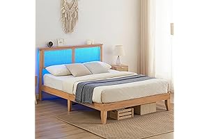 IDEALHOUSE Queen Bohemian Platform Bed with Natural Rattan Headboard and LED Lights