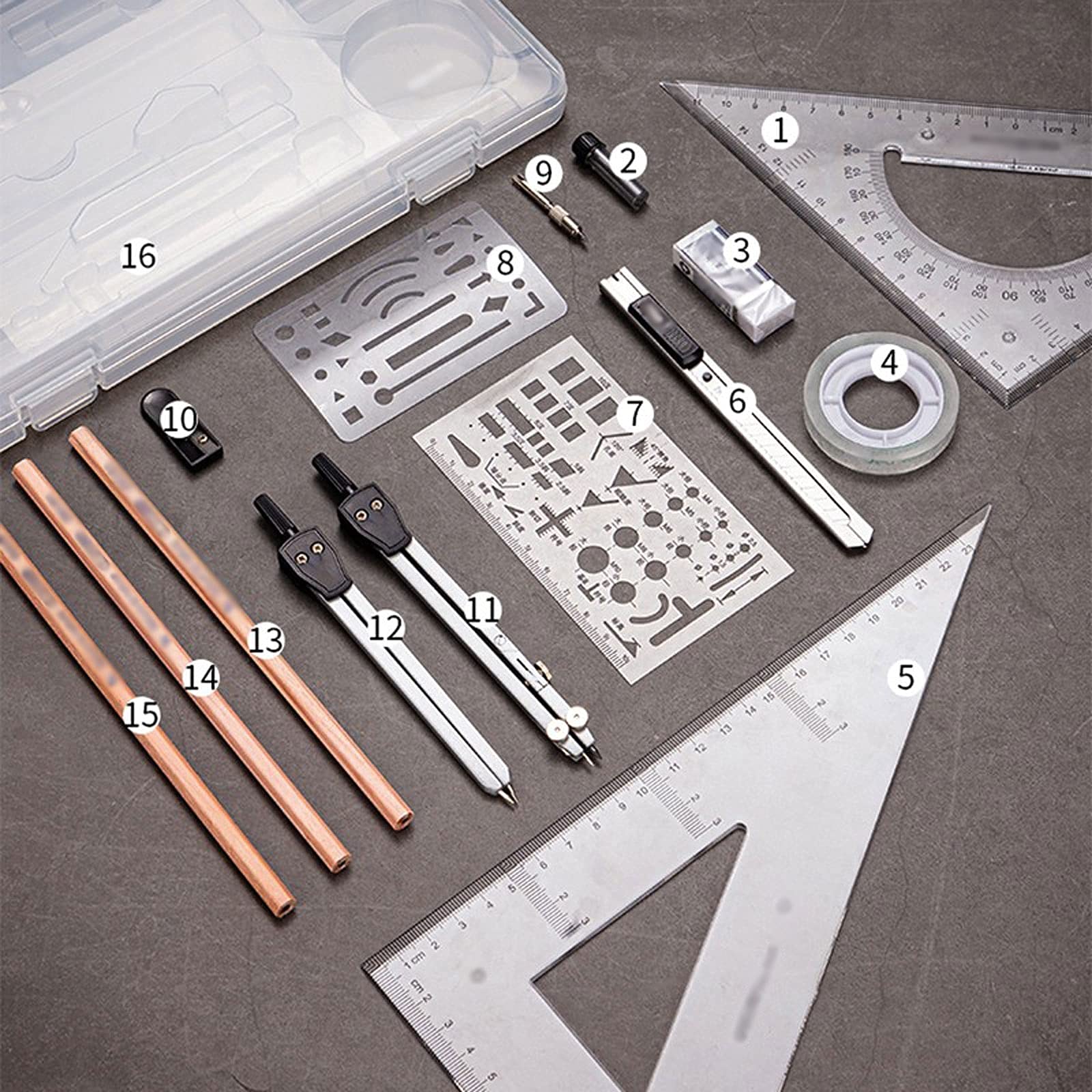 16-teiliges Zirkel-Set, mathematisches Geometrie-Werkzeug-Set mit Minen-Nachfüllungen, Winkelmesser-Set, ideal für die Schule, Zuhause und das Büro, Geometrie-Set