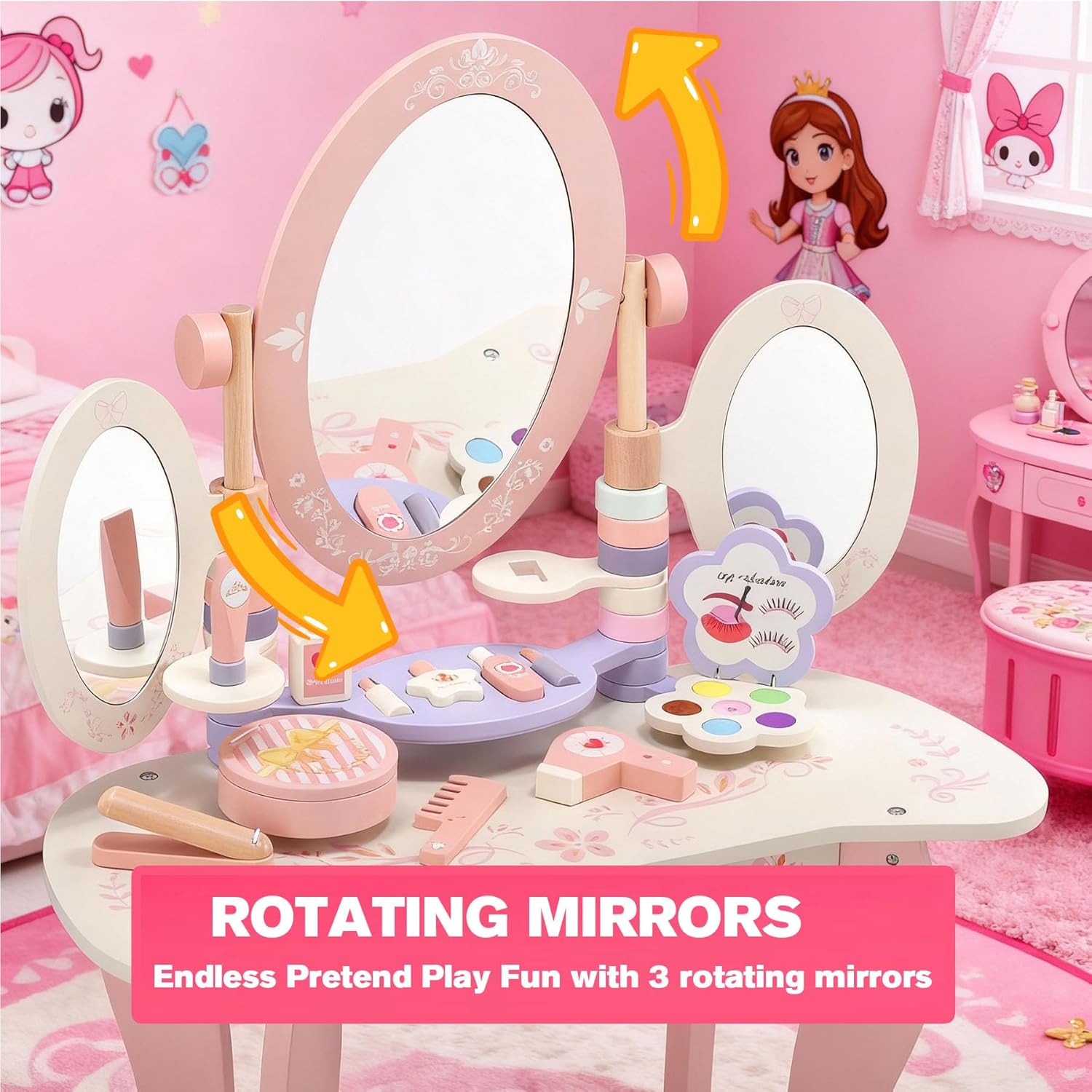 Kids Vanity Set with Mirror and Stool, Tri-Folding Mirror Make Up Dresser Table with Drawers, Kids Vanity Table and Chair Set, Wooden Princess Makeup Desk Dressing Table, Pink
