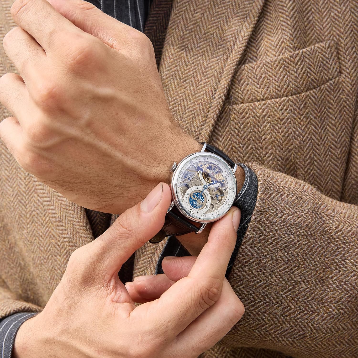 TIME100 Men's Automatic Watch Self Winding Mechanical Watch Genuine Leather Strap Skeleton Watches for Men - Image 3