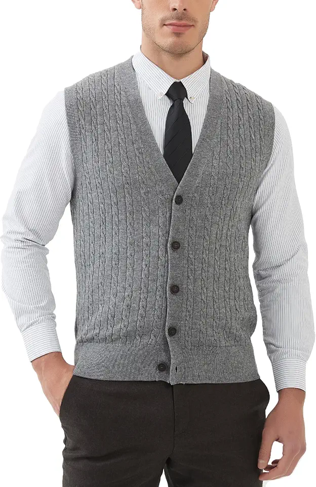 Kallspin Men's Cable Knit Sweater Vest Wool Blend V Neck Button Down Sleeveless Cardigan Vest