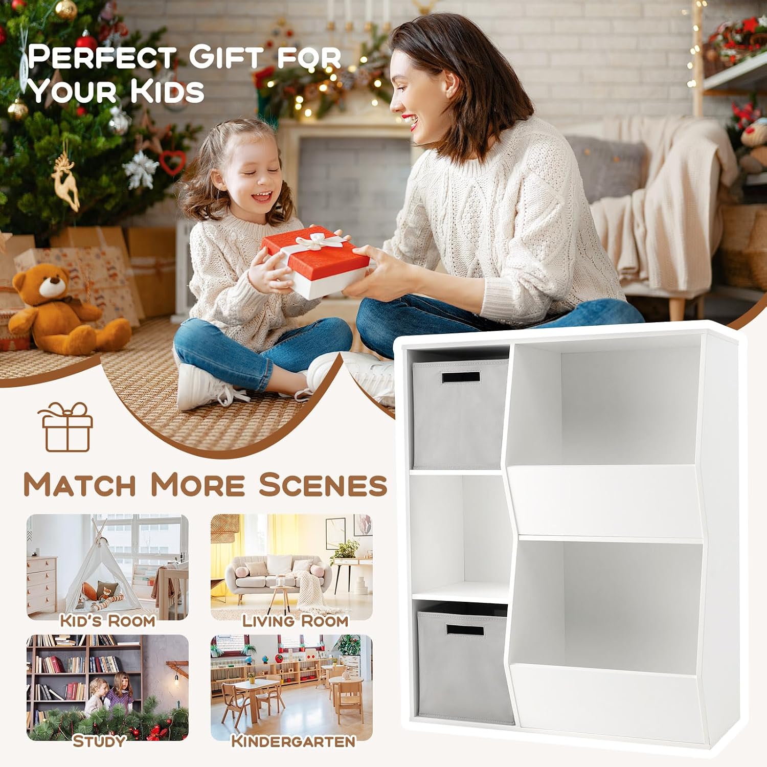 Toy Storage Organizer with Bins, 5 Cube Kids Bookshelf w/Anti-Toppling Devices, Wood Toy Storage Shelf, Kids’ Bookcases, Cabinets & Shelves, Book Shelf for Classroom, Playroom, Nursery