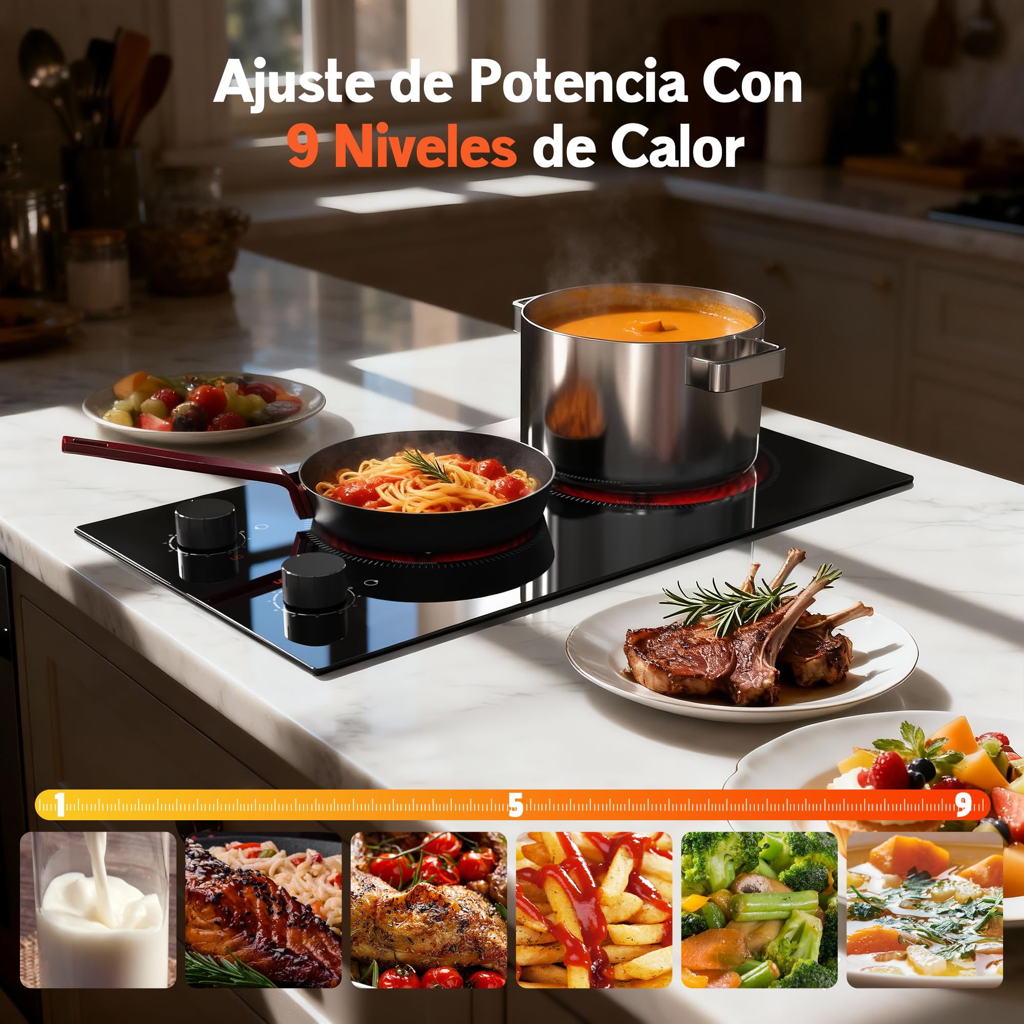 Placa Vitrocerámica 2 Fuegos 30cm, 3000W, Disaenvir Placa Electrica Cocina Empotrable con Botones, 9 Niveles de Potencia, Función de Protección Contra S obrecalentamiento, Control Táctil | 9 niveles de potencia, protección contra sobrecalentamiento, 30 cm