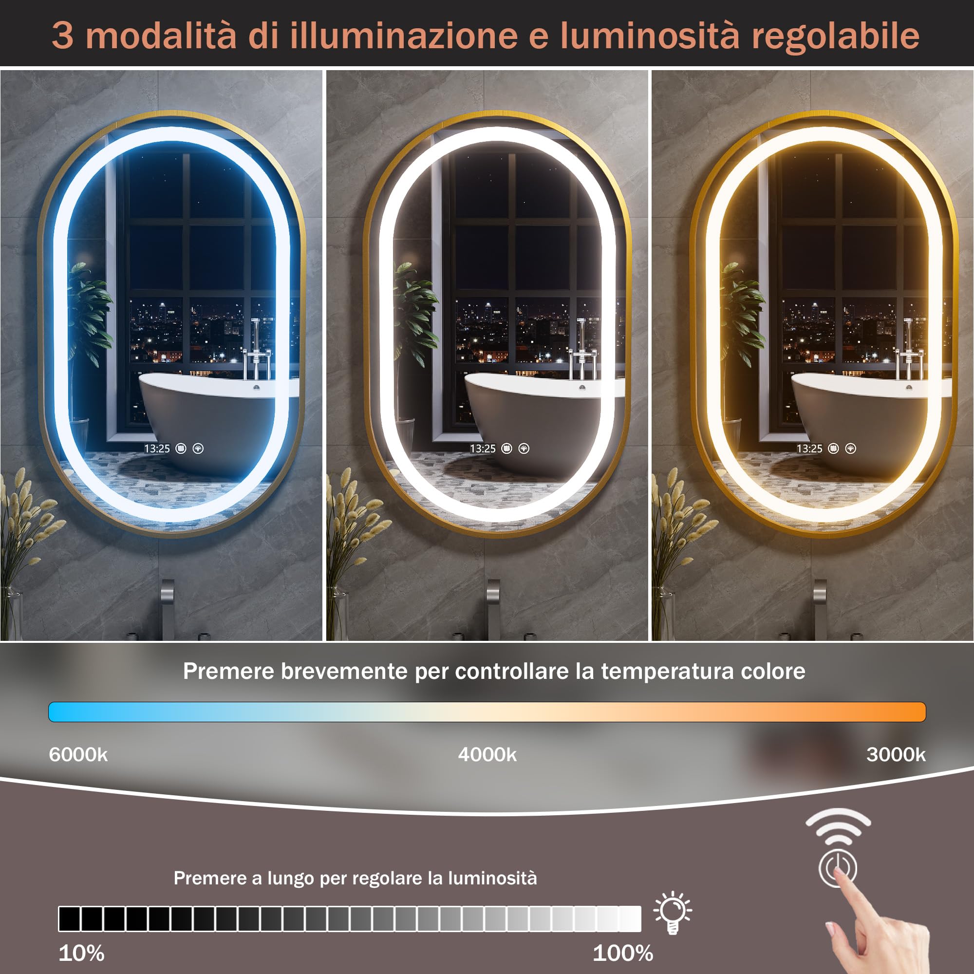 Specchio Bagno con Luce e Antiappannamento 50x80 cm Ovale Specchi da Parete con Orologio e indicatore della Temperatura per Bagno Led illuminato Regolabile in 3 colori (Spina standard-EU)