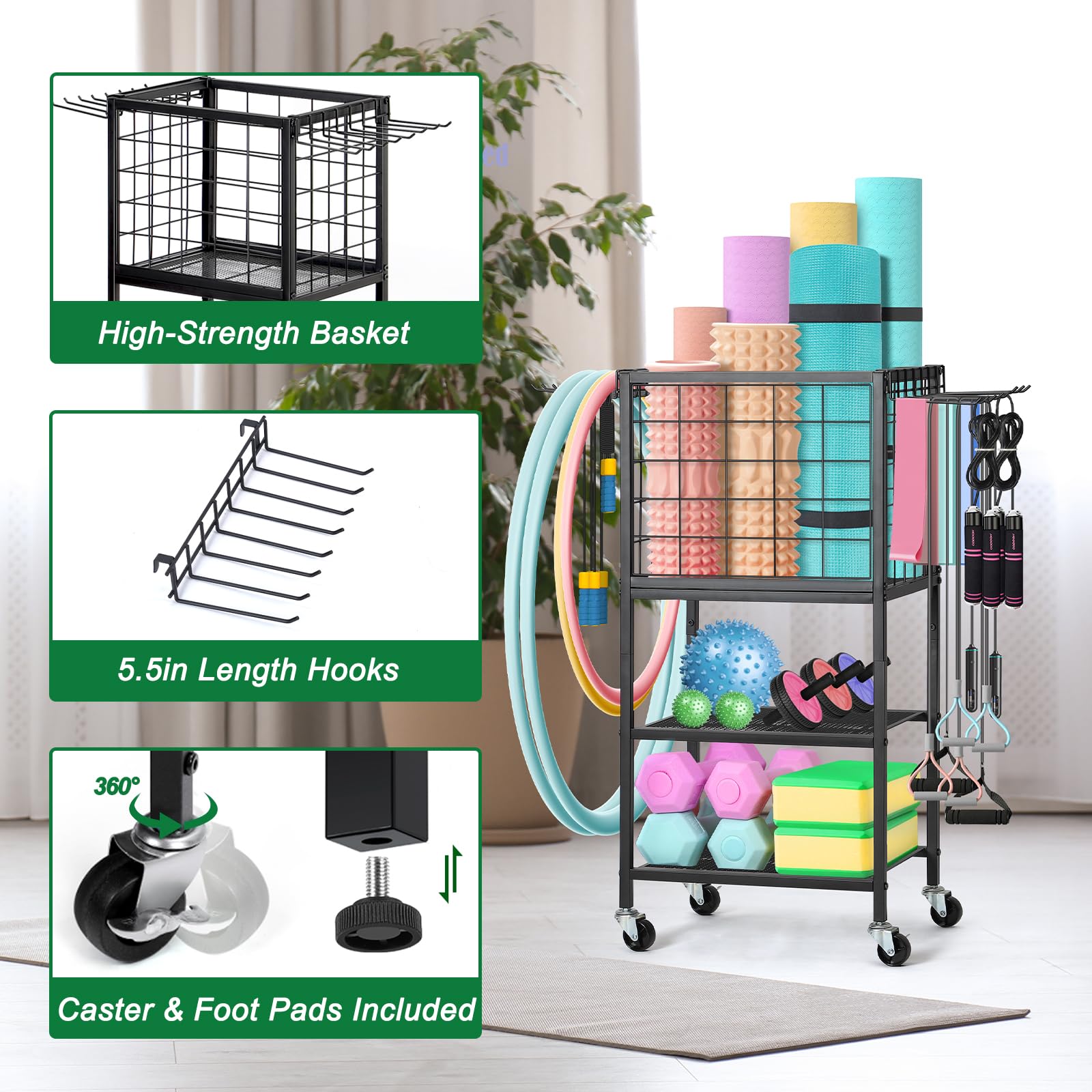 Rangement Fitness CADUKE – Support Haltères, Tapis Yoga, 16 Crochets, Roulettes, Capacité 54 Kg, Pour Maison