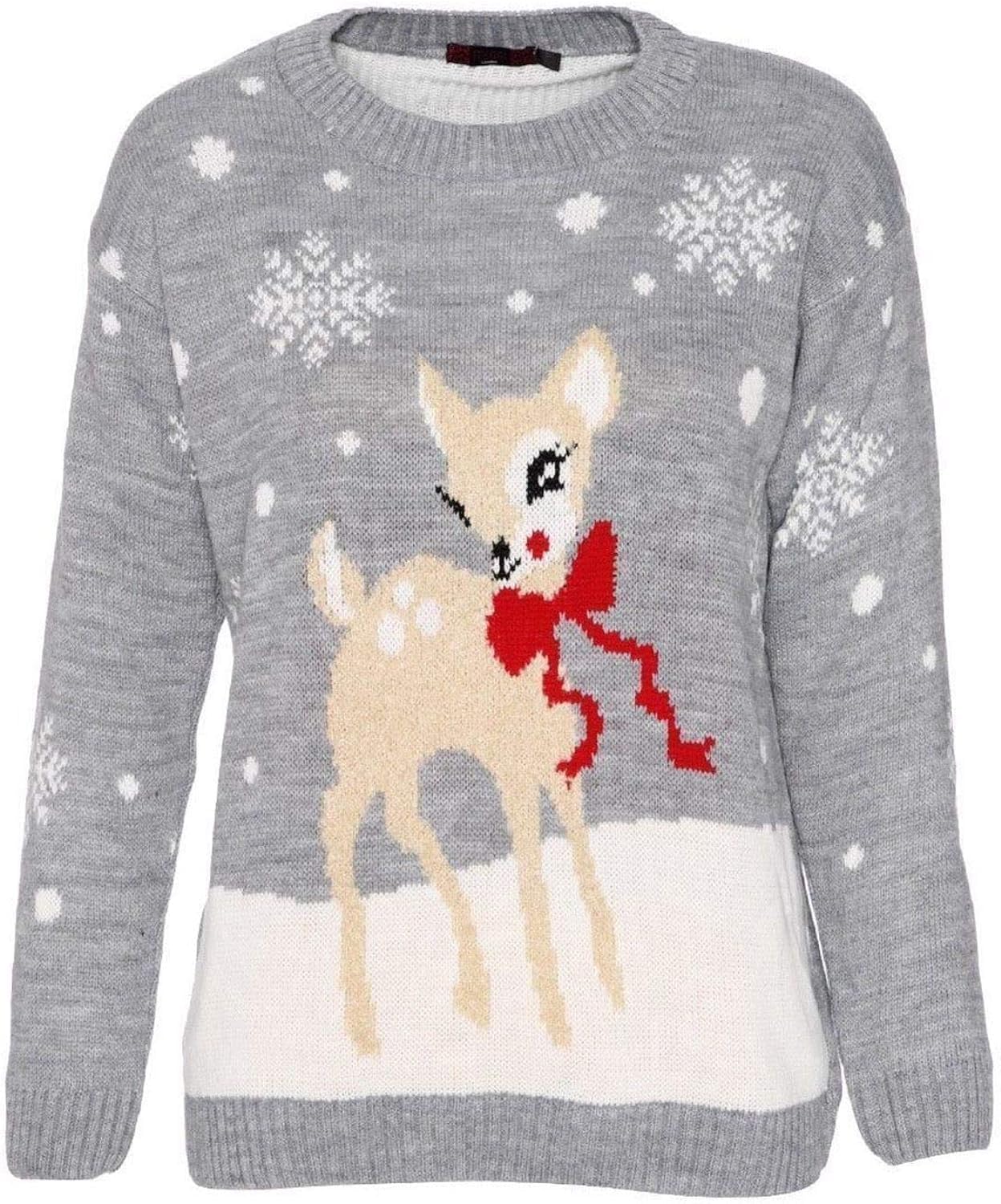 Wearall Women's Bambi Silver Knitted Merry Christmas Long Sleeve Xmas Tree Pom Jumper 16-18