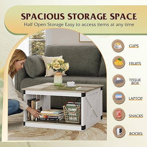 Miniatura 4 de WLIVE Mesa de café, mesa de café de granja con almacenamiento abierto, mesas de sala de 31.5" cuadradas de madera, mesa de centro rústica para