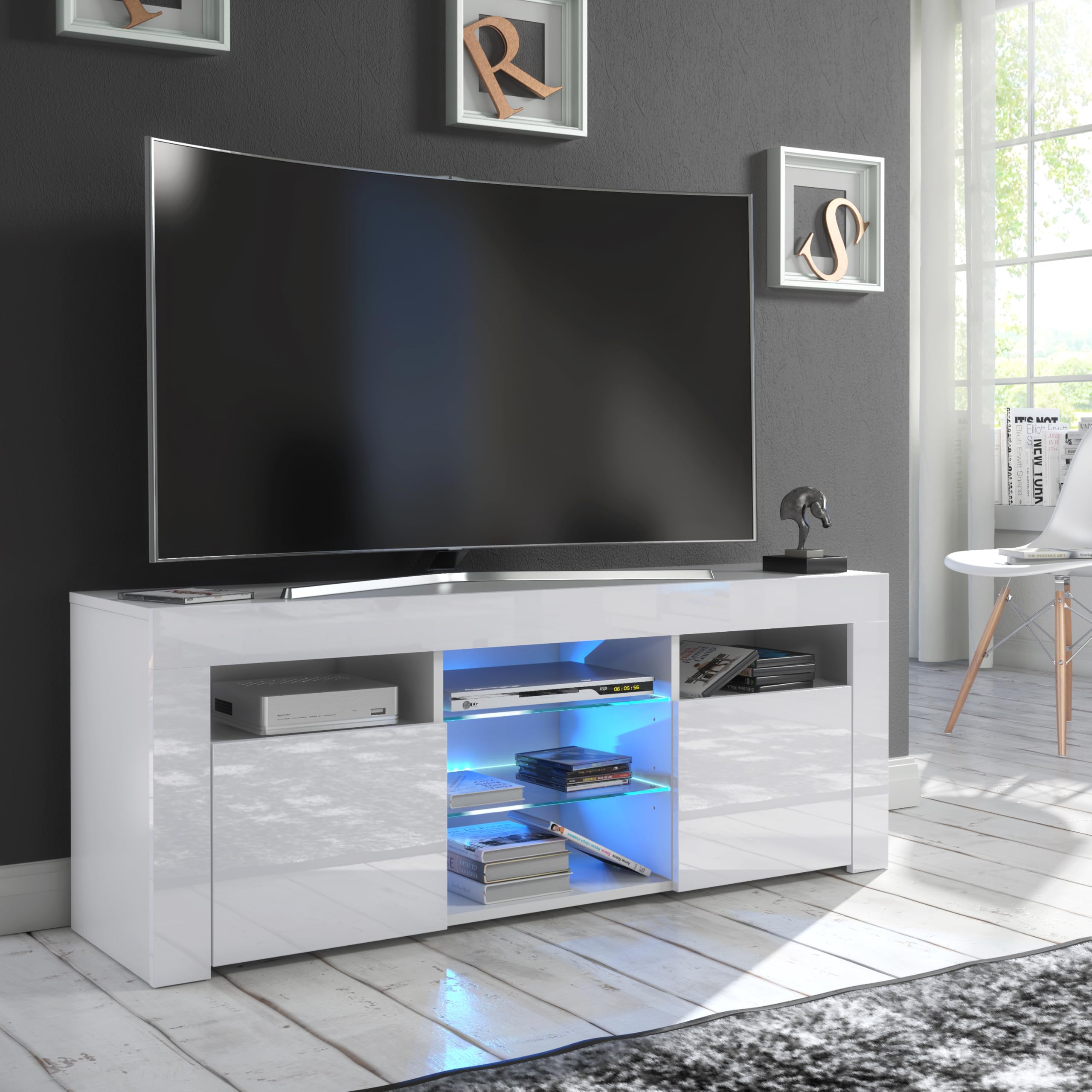 Furneo Puzzo – White TV Stand 120 cm, Matt & High Gloss Finish, Blue LED Lights