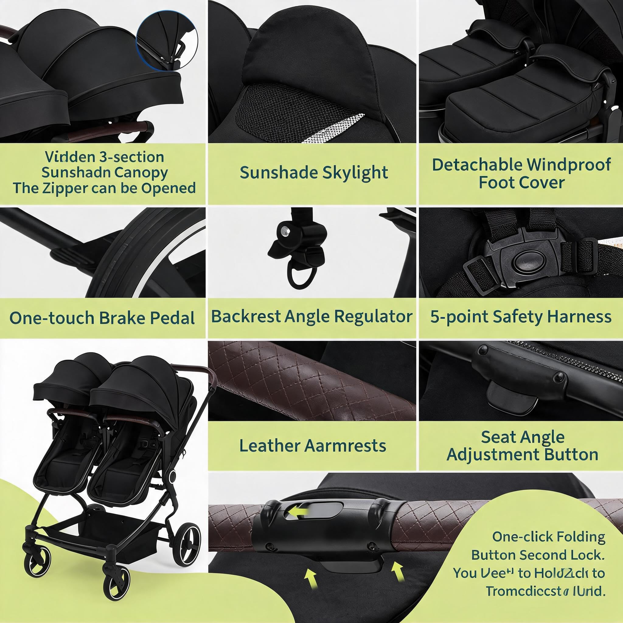 GarveeHome Geschwisterwagen Duo Side by Side Für Zwillinge, Leichter, Kompakt Faltbarer Zwillingskinderwagen Mit Hohem Babywagen Gestell, Verstellbarem Sonnendach & Liegeposition Für Kleinkind